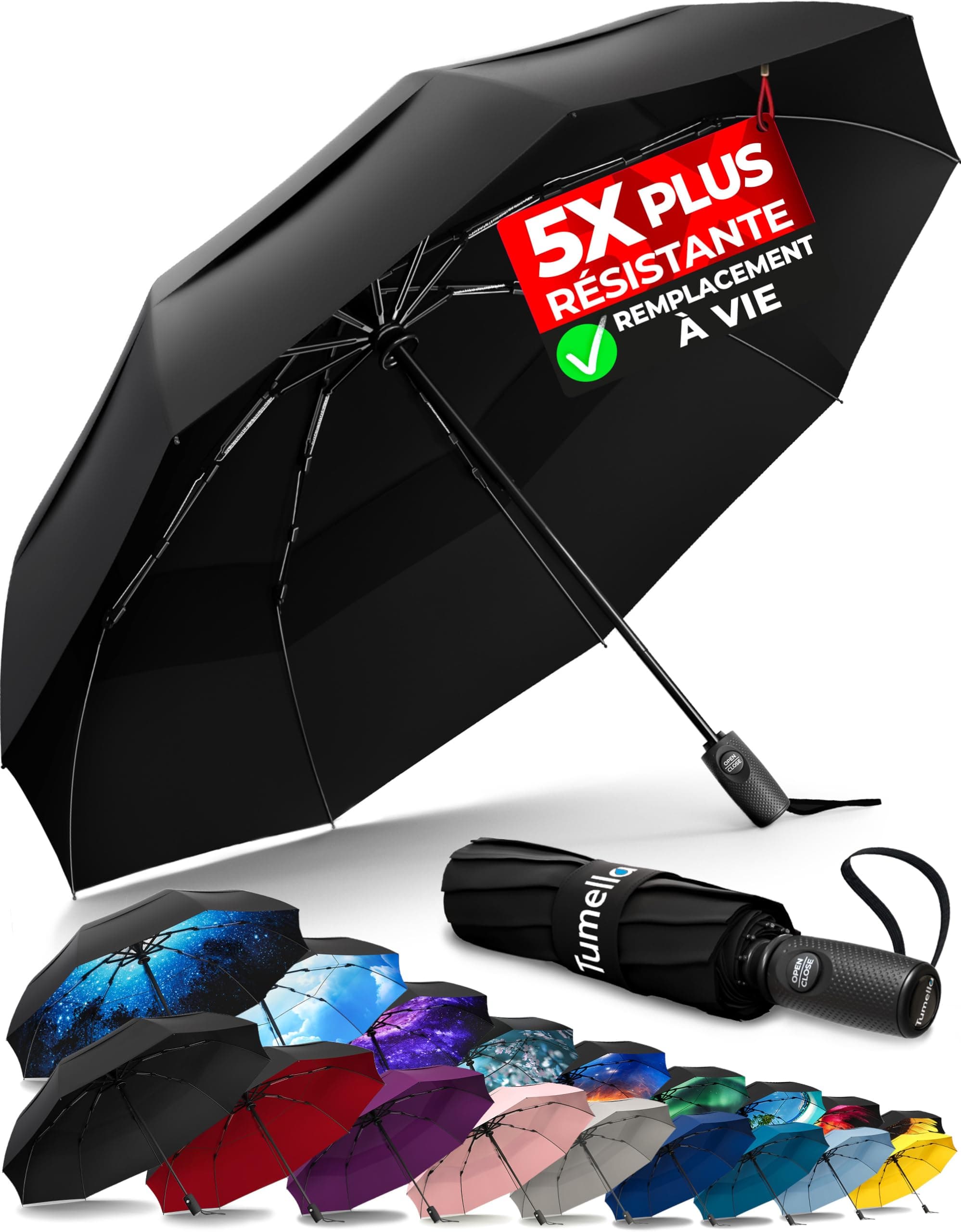 TUMELLA, le parapluie de voyage le plus résistant au vent (compact, supérieur, esthétique), petit parapluie de pluie solide & léger, portable et à fermeture automatique, poignée durable