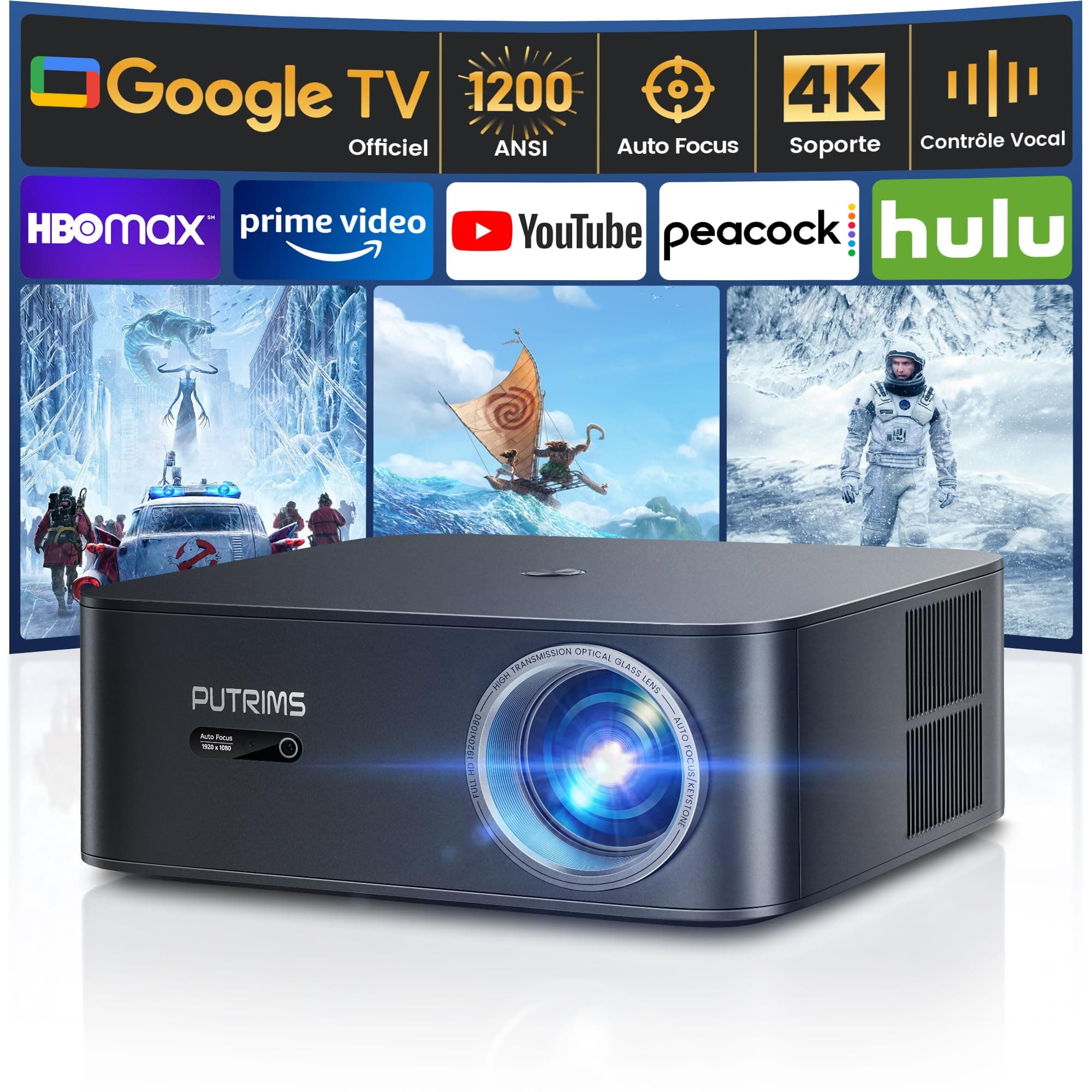 Vidéoprojecteur 4K【1600 ANSI/Google TV】 Disney+/Netflix Inclus, Auto Focus/Keystone Projecteur WiFi6 Bluetooth Full HD 1080P, Contrôle Vocal, Zoom 50% Projecteur Vidéo de Jour Home Cinéma/Extérieur