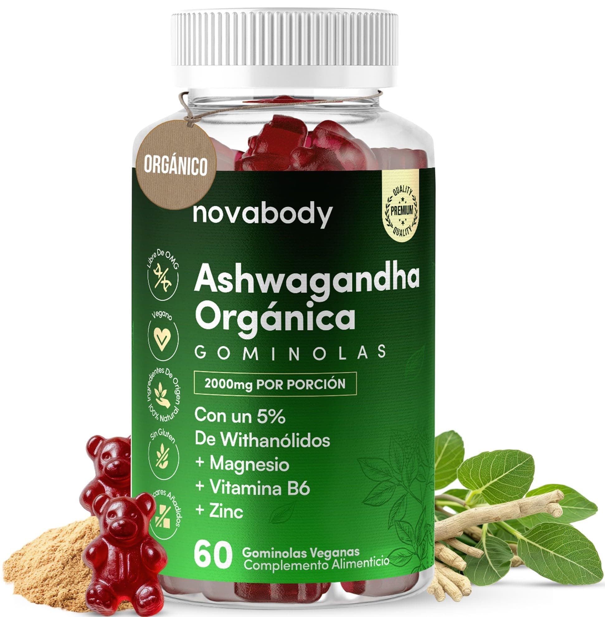 Ashwagandha Gominolas 2000mg Sin Azúcar 100% Natural, Vegana Alta Potencia | con Citrato de Magnesio, Zinc y Vitamina B6 – Sin Gluten, Sin Lactosa – Sueño Profundo