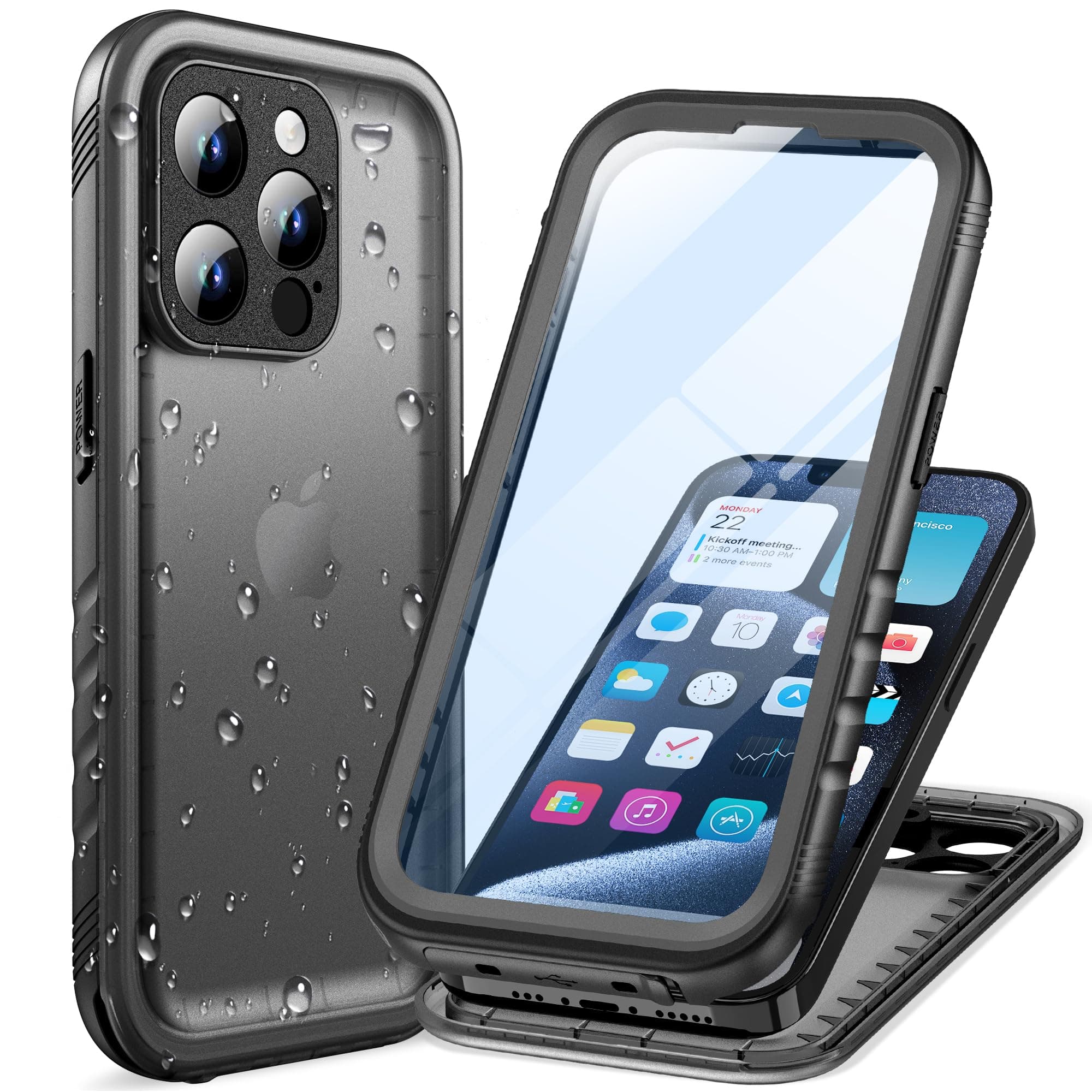 Cozycase Coque Top Antichoc IP68 Etanche pour iPhone 15 Pro Militaire 360 Intégrale Anti Choc Shock-Proof Eau Protection Incassable Solide Double Chantier Waterproof Full Case pour iPhone 15 Pro,Noir