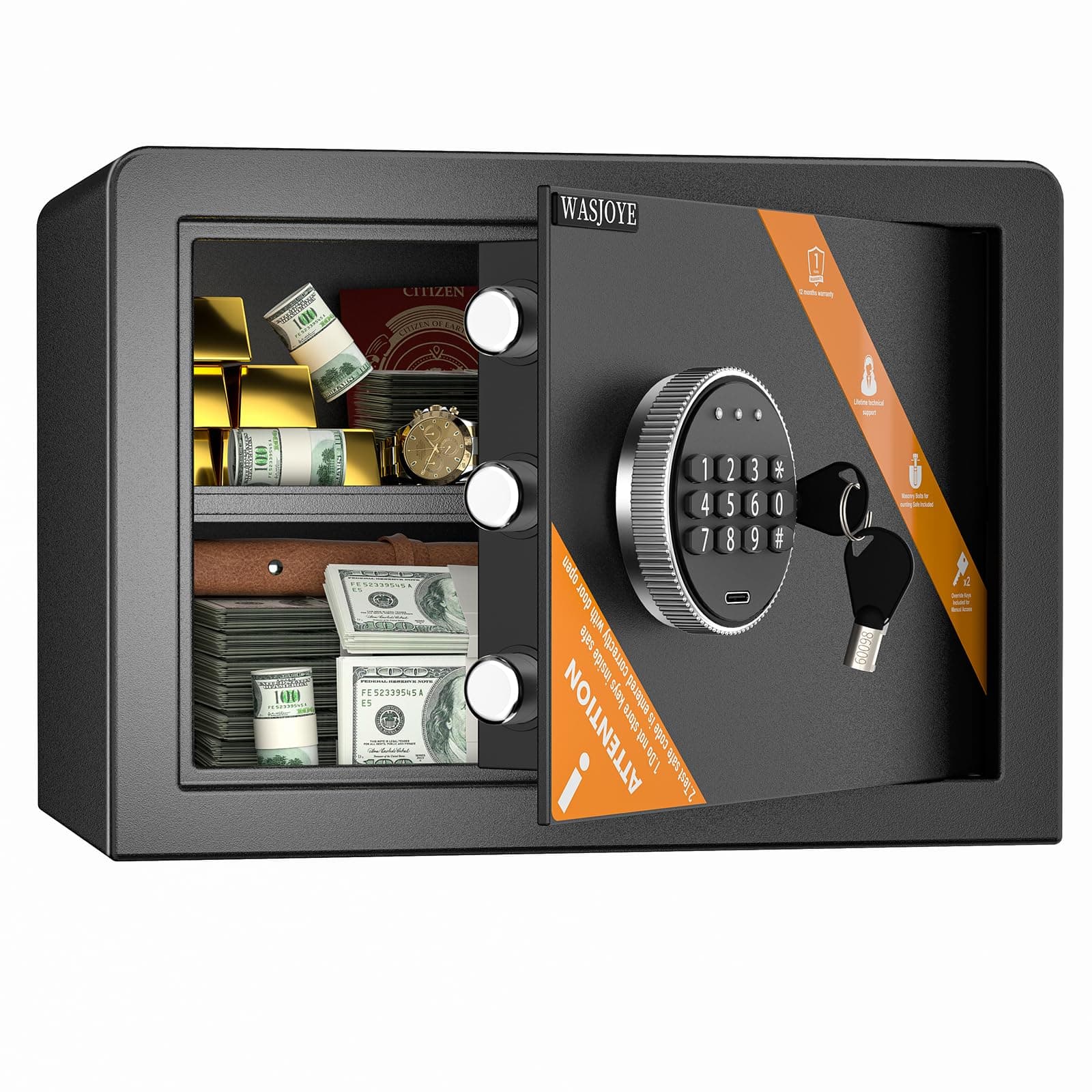 WASJOYE 25L Cassaforte con Chiave, Cassetta di Sicurezza per Denaro Tastiera Digitale Elettronica,Casseforti da Armadio per Casa Ufficio Hote Attività Commerciale Gioielleria Pistola Contanti