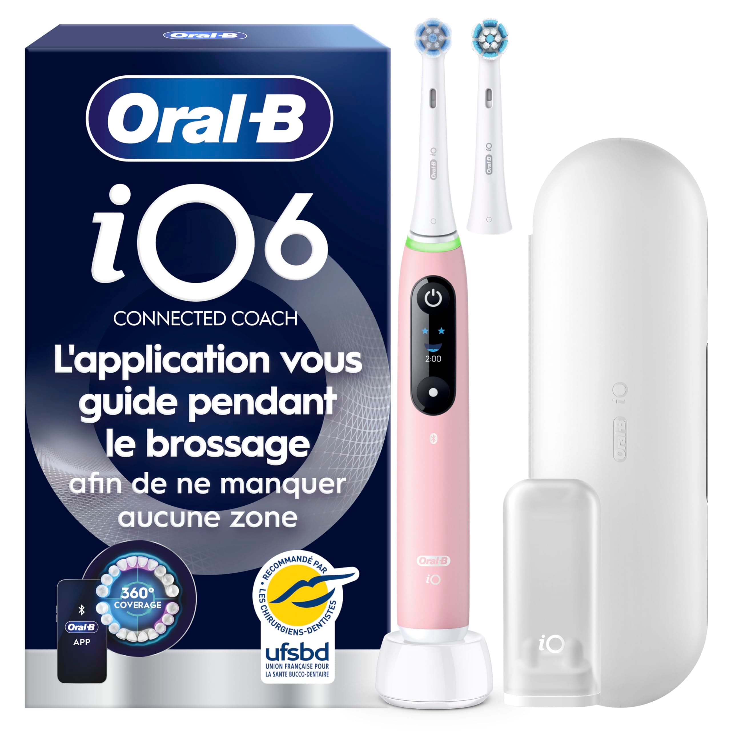 Oral-B Brosse à Dents Electrique iO 6 avec 1 Brossette de Rechange, Rose | 5 Modes de Brossage dont Blancheur et Soin des Gencives, Capteur de Pression, Batterie Rechargeable, Ecran Interactif, Etui