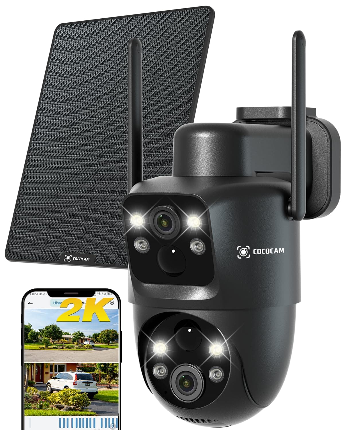 COCOCAM 2K Doble Lente Camara Vigilancia WiFi Exterior Solar, Batería 10000mAh, Panel Solar 6W, PIR Dual y Detección Humana AI, Visión Nocturna Color, 355°P 90°T, IP66, Solo 2.4G WiFi