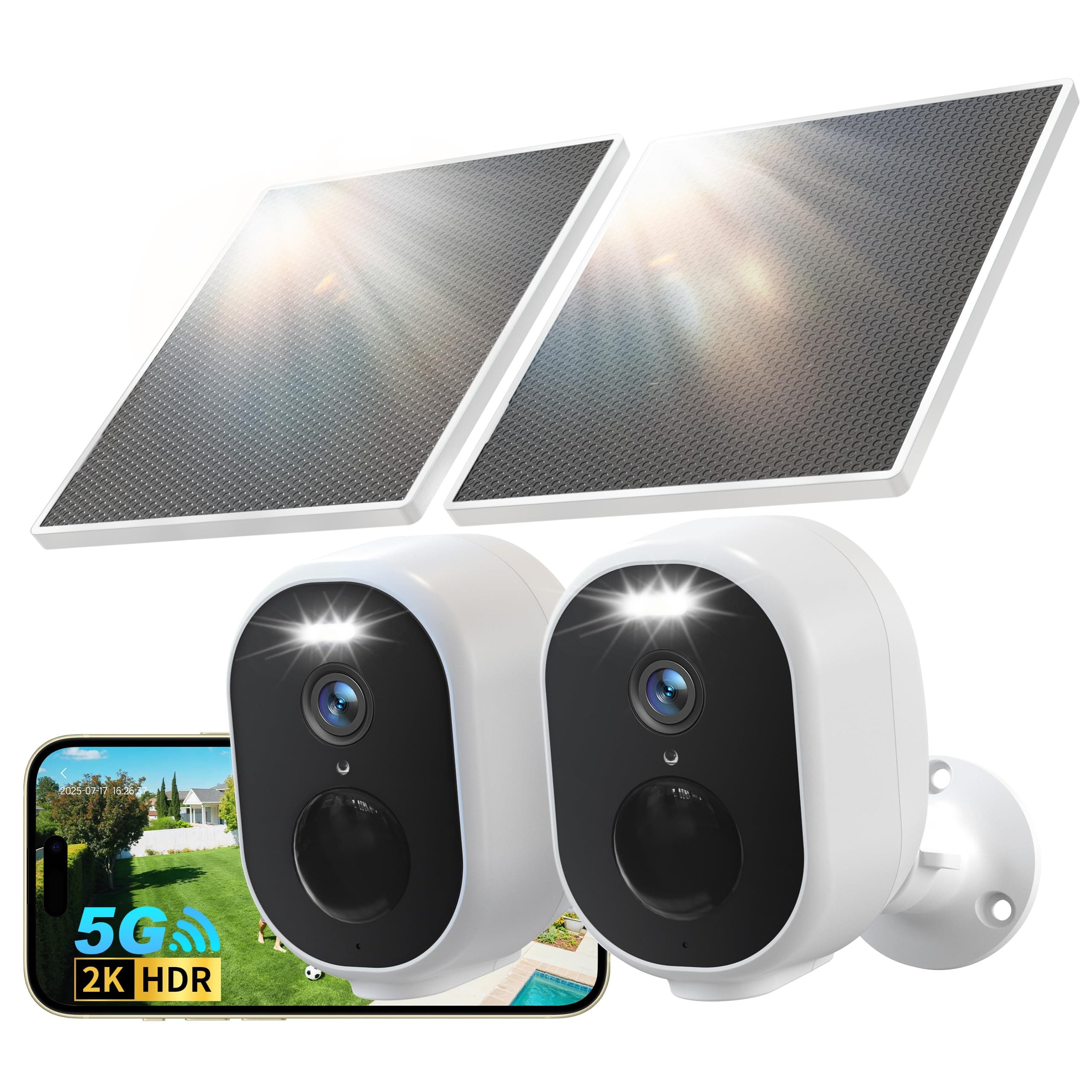 GNCC Kit 2 4MP Camara Vigilancia WiFi Exterior Solar, 2.4G/5 GHz WiFi, Batería Recargable, Seguridad Camara de Vigilancia sin Cables, PIR Sirena, Visión Nocturna Color, Audio Bidirecciona, IP65, Alexa