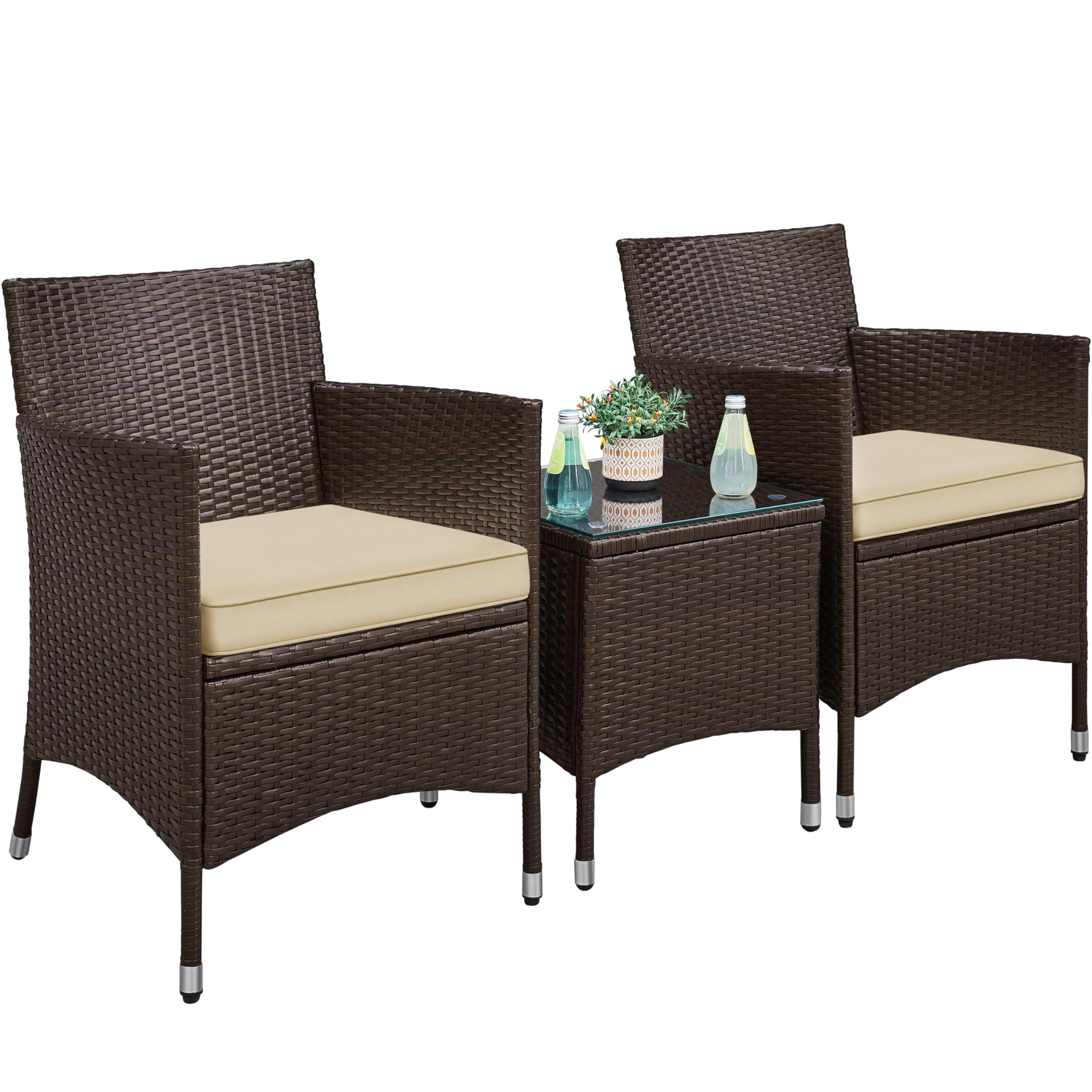 Yaheetech Set Mobili da Giardino 2 Poltrone e 1 Tavolino in Rattan PE Impermeabile per Esterno con Cuscini Marrone