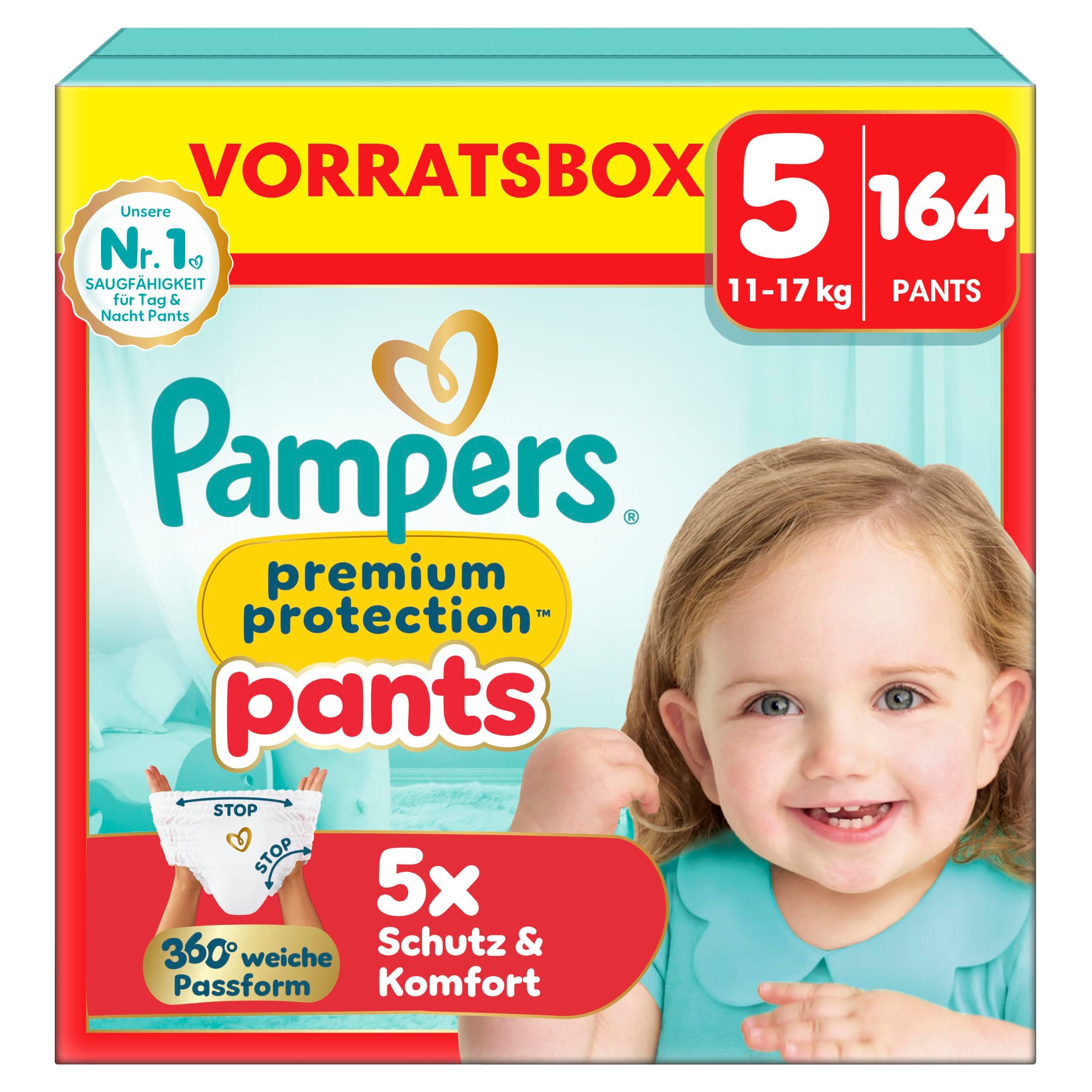 Pampers Premium Protection Pants Gr.5 Junior 11-17kg Vorratsbox - 164 Stück | mit 360° Passform und weichen Anti-Auslaufbündchen für unseren besten Komfort und Schutz