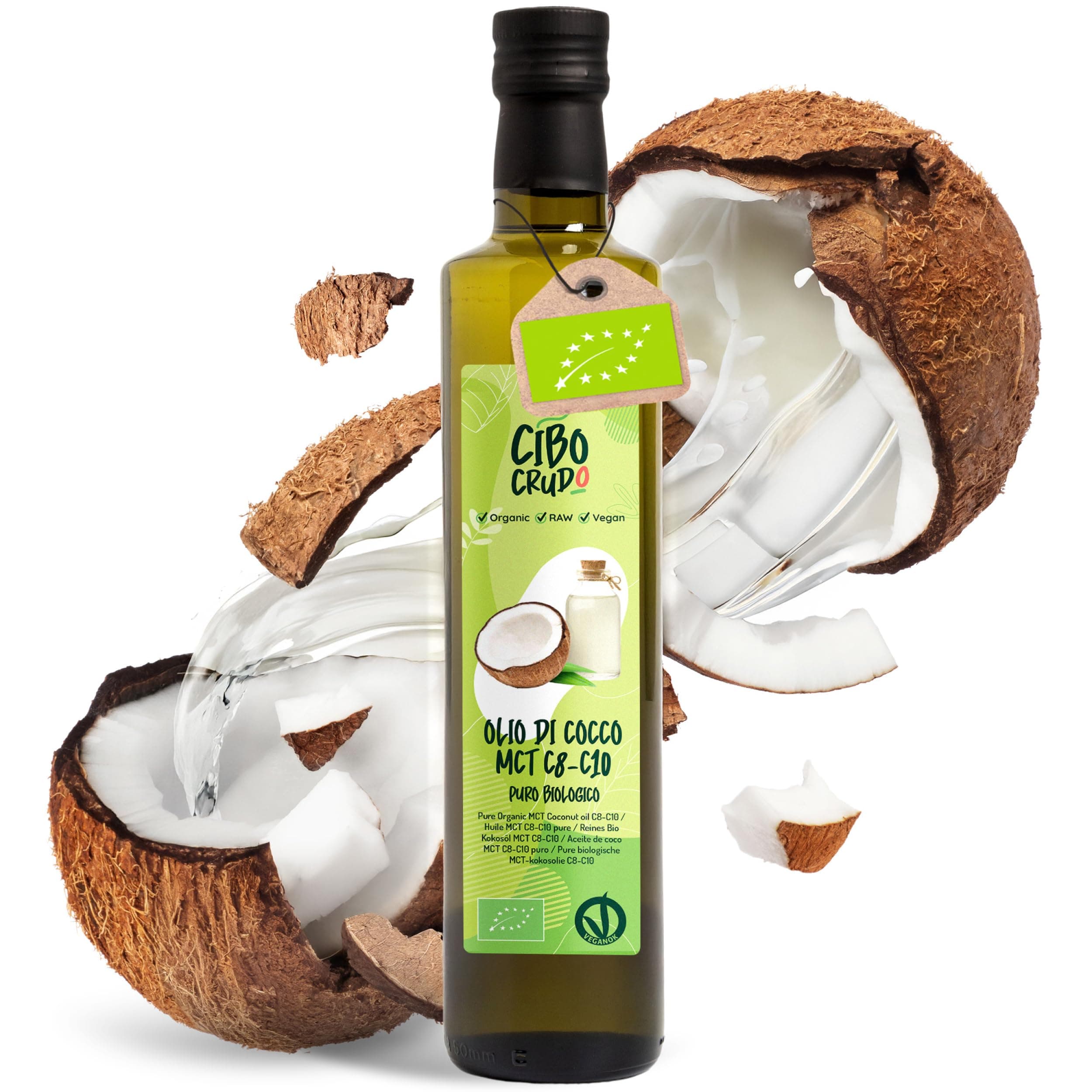 Olio di Cocco Biologico MCT C8 C10 Spremuto a Freddo - 500ml. Olio di Cocco Alimentare Puro e Bio con Acidi Grassi a Catena Media MCT C8 e C10 uso Keto Paleo Corpo o Capelli. Organic Coconut Oil MCT.