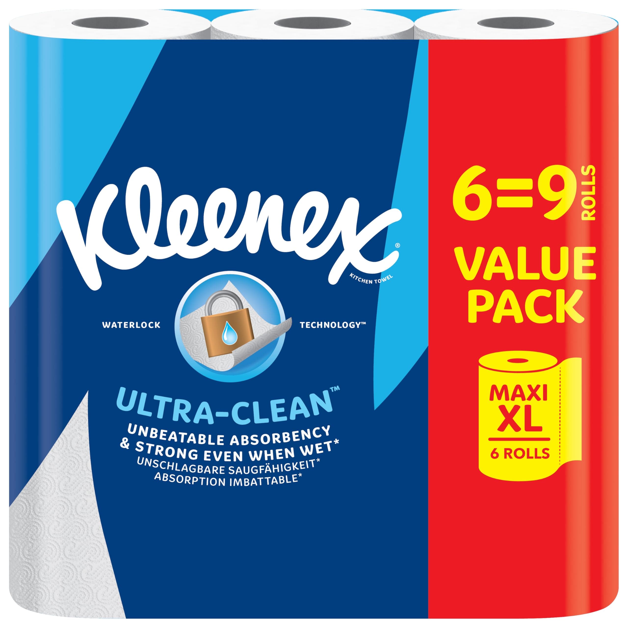 Kleenex® Rollo de cocina Ultra Clean™, 6 rollos de cocina Maxi XL (=9 rollos), Toalla de cocina de absorción y resistencia inigualables - Embalaje 100% reciclable