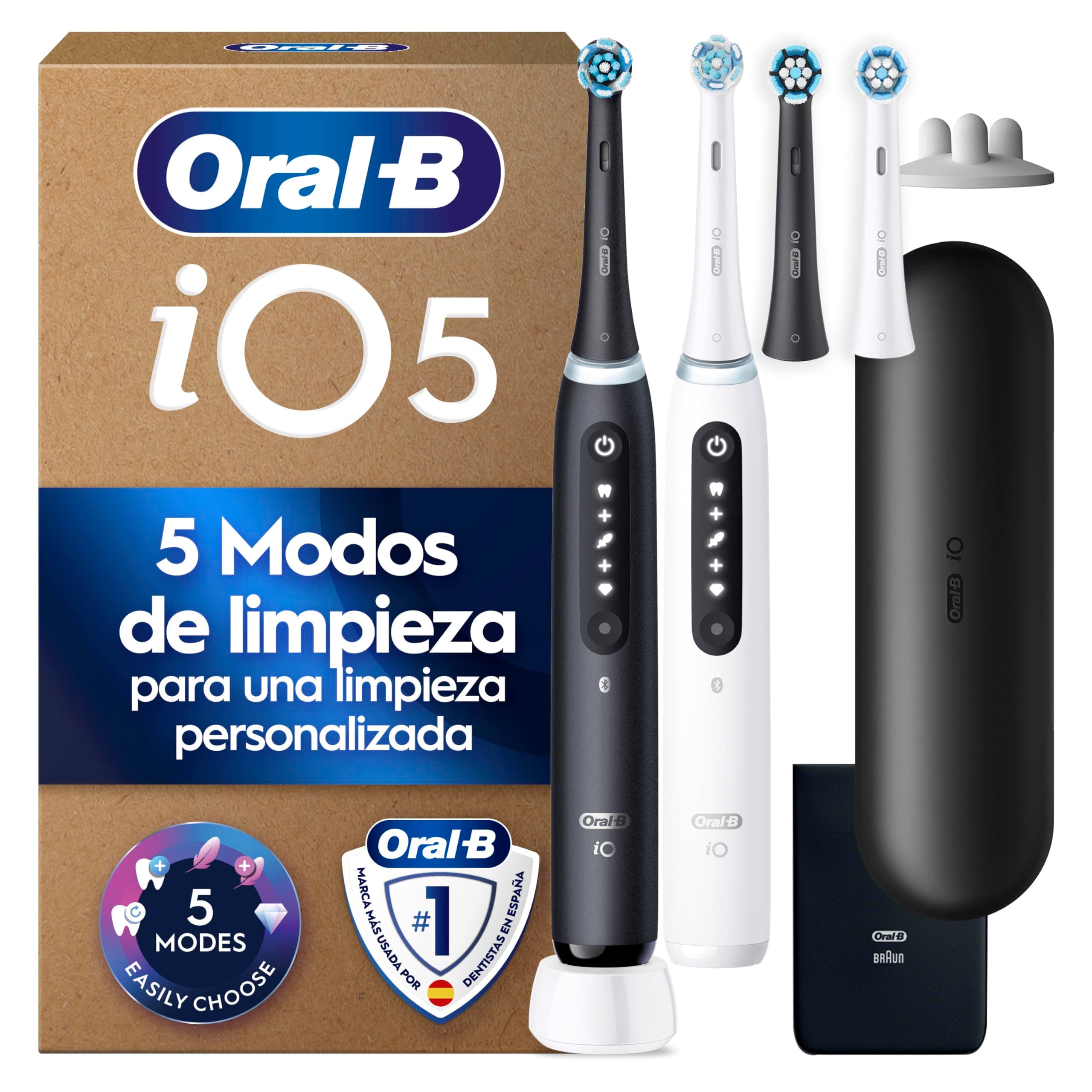 Oral-B iO 5N Cepillos de Dientes Eléctricos, Negro Y Blanco, Pack de 2 | Cepillo Dental con 4 Cabezales, Estuche de Viaje, Sensor de Presión, 5 Modos de Cepillado con Blanqueamiento Dental