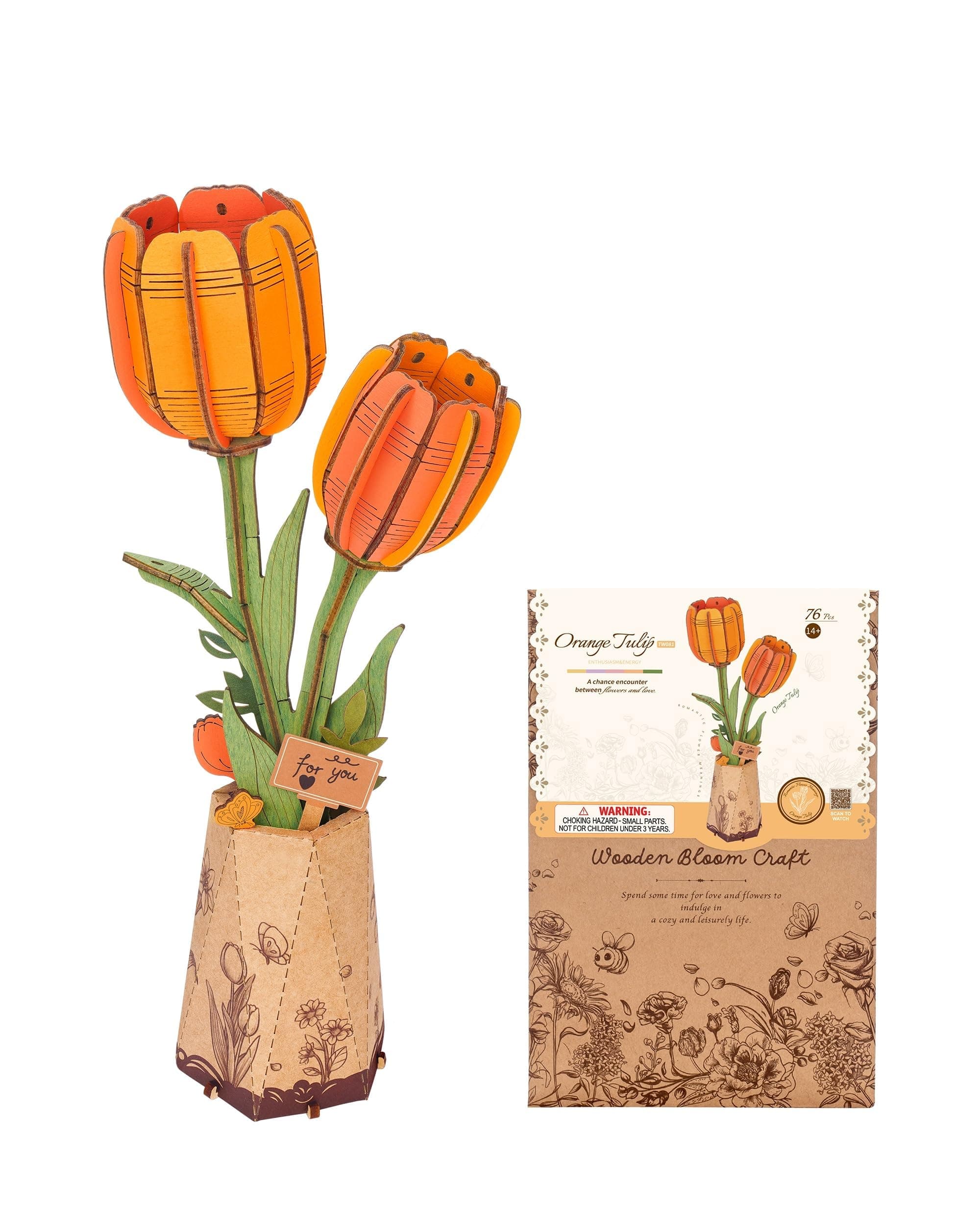 ROBOTIME Tulipe Orange Puzzle 3D en Bois, Kit De Modèle De Fleur Artificielle pour Adultes, Construction De Décoration Créative pour La Maison, Cadeaux De Saint-Valentin pour Femmes