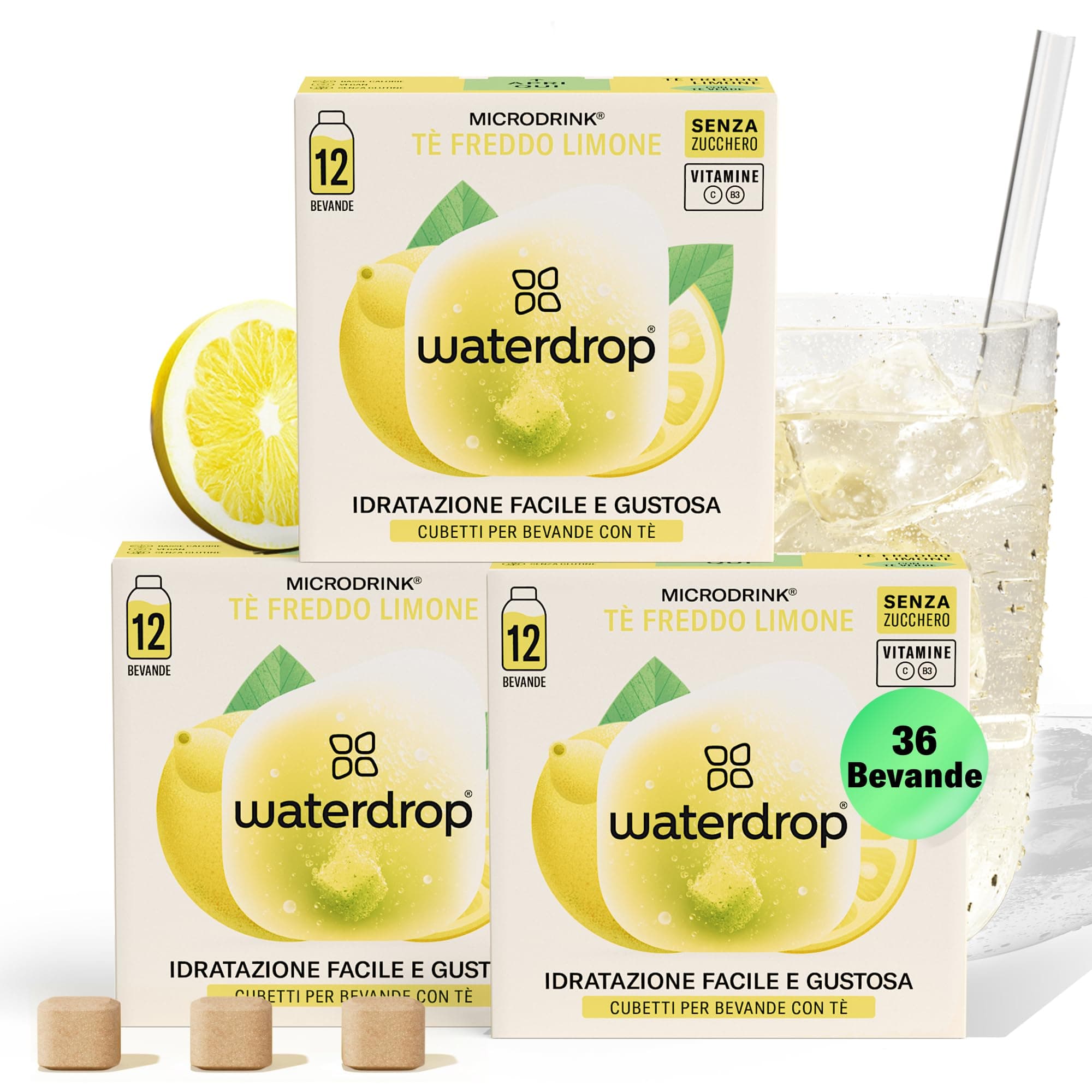 waterdrop® Tè Freddo Zero, LIMONE, 36 cubetti per acqua Microdrink, insaporitore acqua, Tisane a freddo senza zucchero Con Vitamina C & B3, Bevanda Analcolica, The Verde, Ice Tea