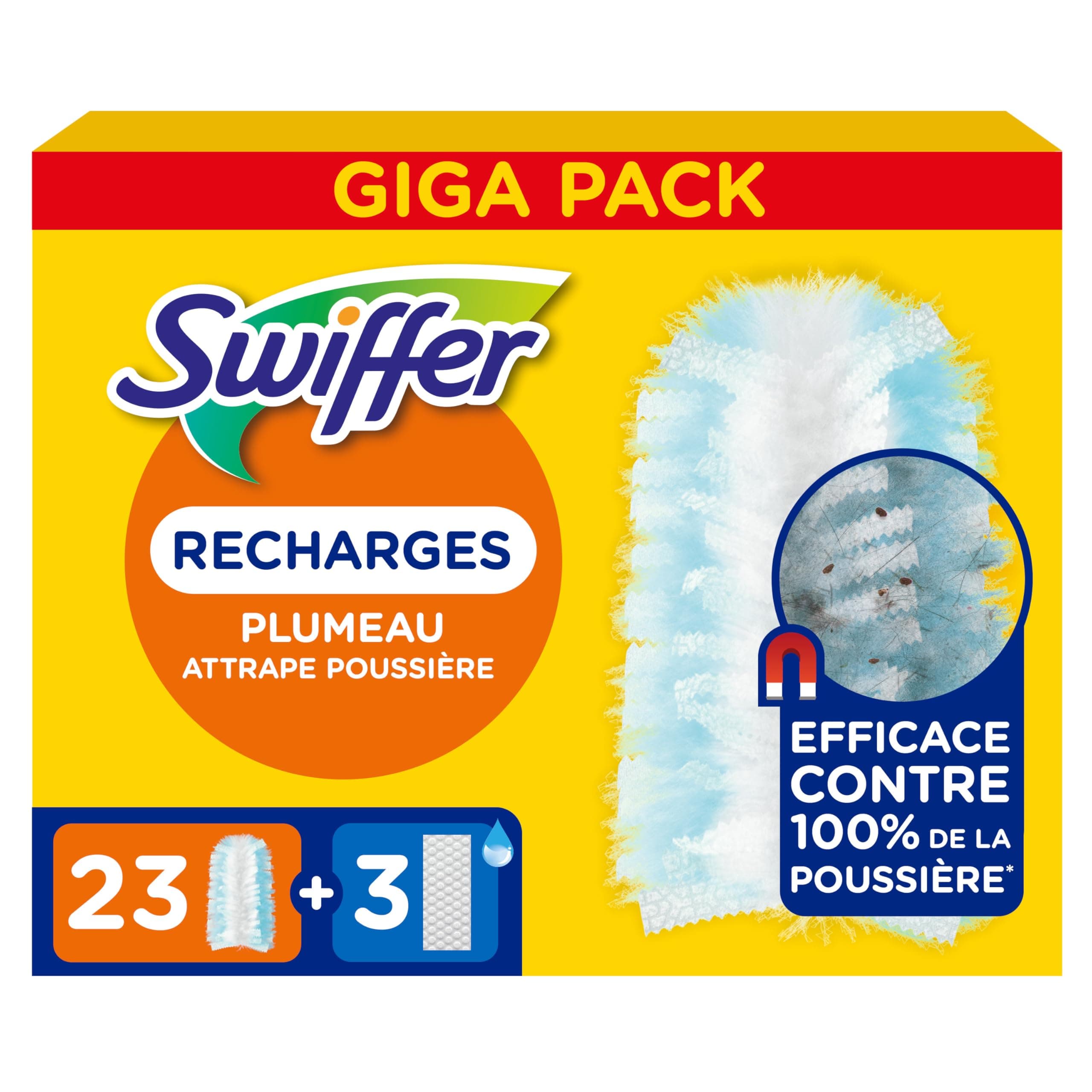 Swiffer Duster Plumeau Recharges, 23 Unités et 3 Lingettes Nettoyantes Humides, Capture Poussière, Saleté, Poils et Allergènes, Atteint Les Coins Difficiles, Rapide et Efficace
