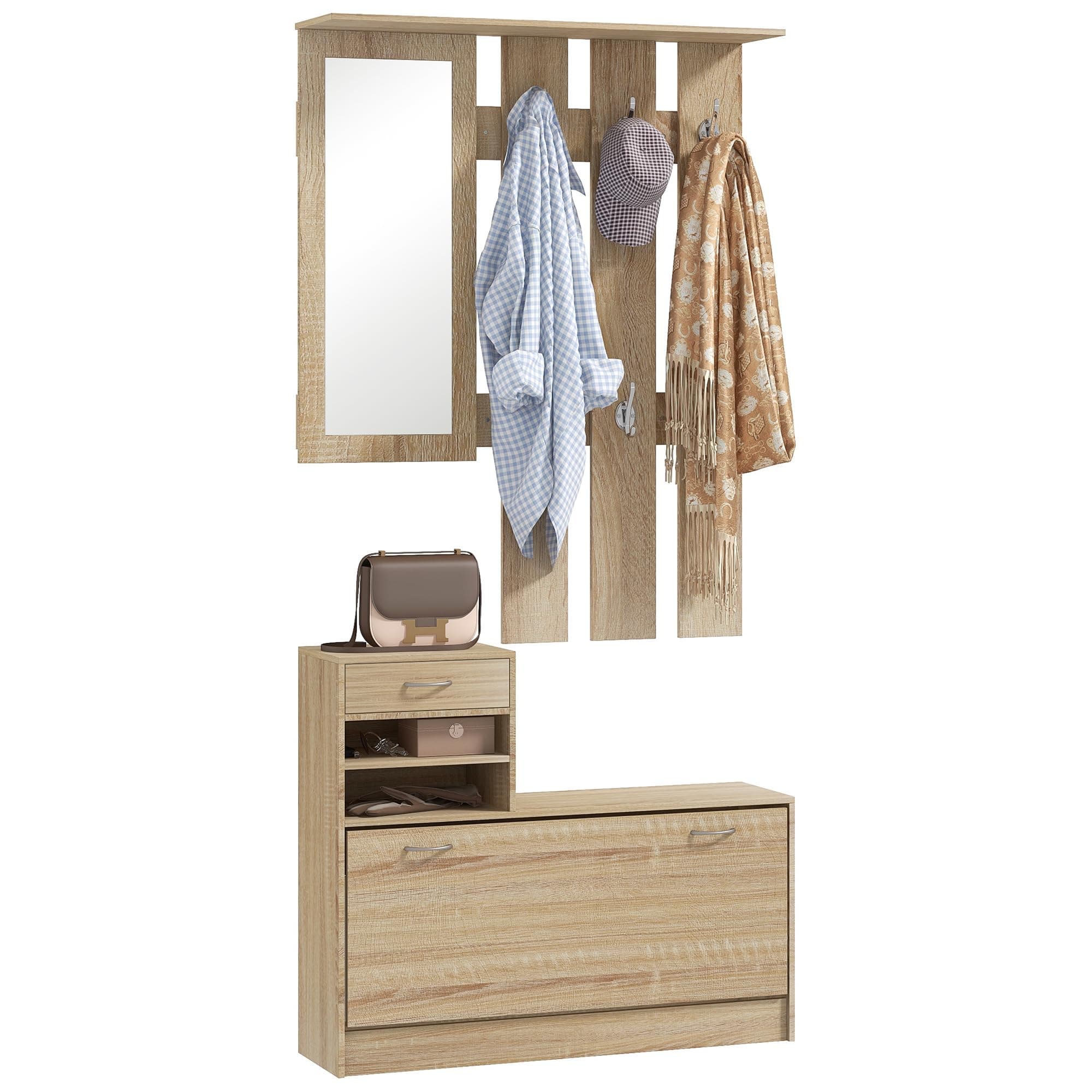 HOMCOM Ensembles 3 en 1 de Meuble d'entrée vestiaire avec Panneau Porte-Manteau, Miroir et Banc à Chaussures - 6 Crochets et étagère réglable, Effet Bois Naturel