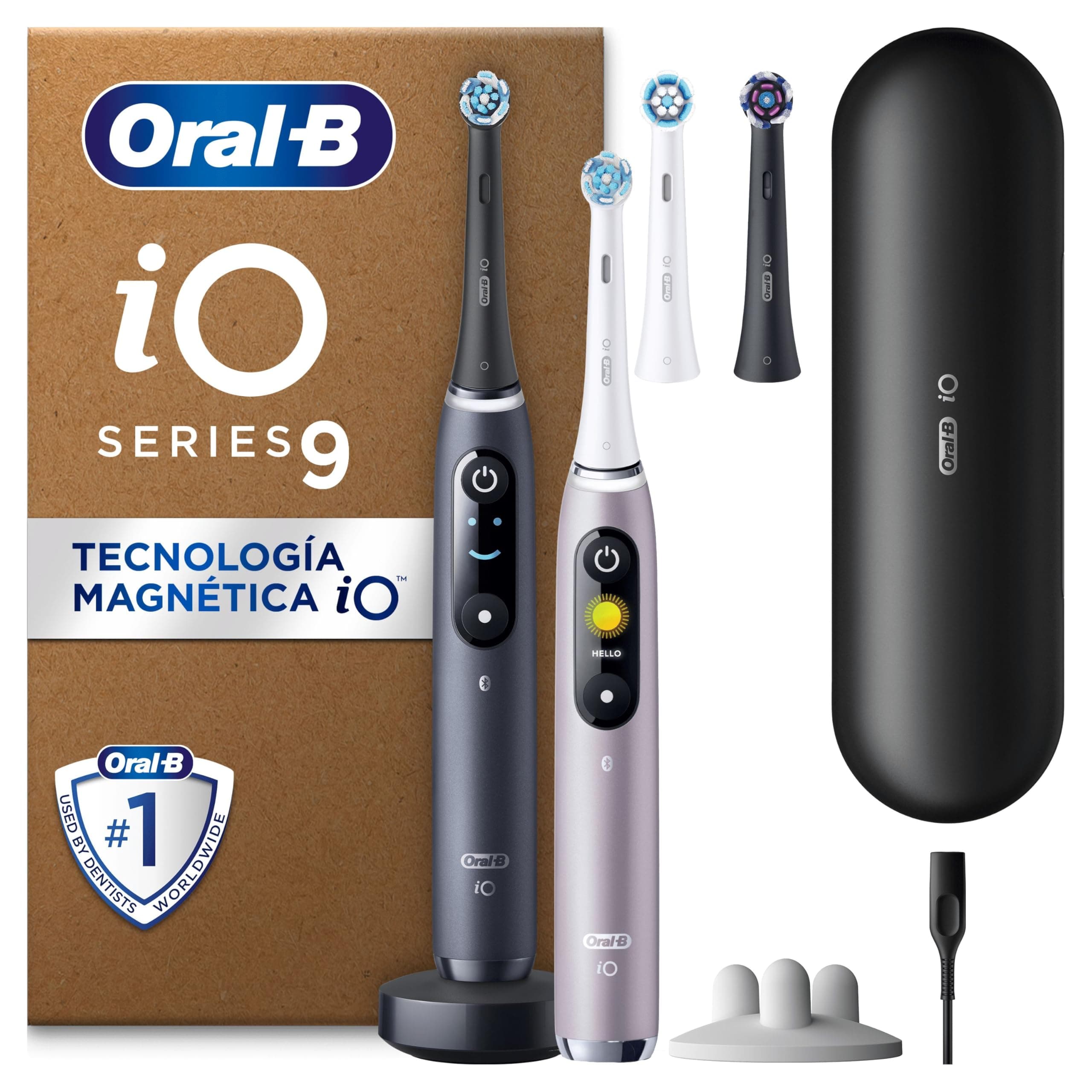Oral-B iO 9 Cepillos de Dientes Eléctricos, 4 Cabezales, Negro y Rosa, Pack de 2-1 Estuche Cargador de Viaje, 7 Modos de Cepillado con Blanqueamiento Dental, Sensor de Presión, Carga Rápida