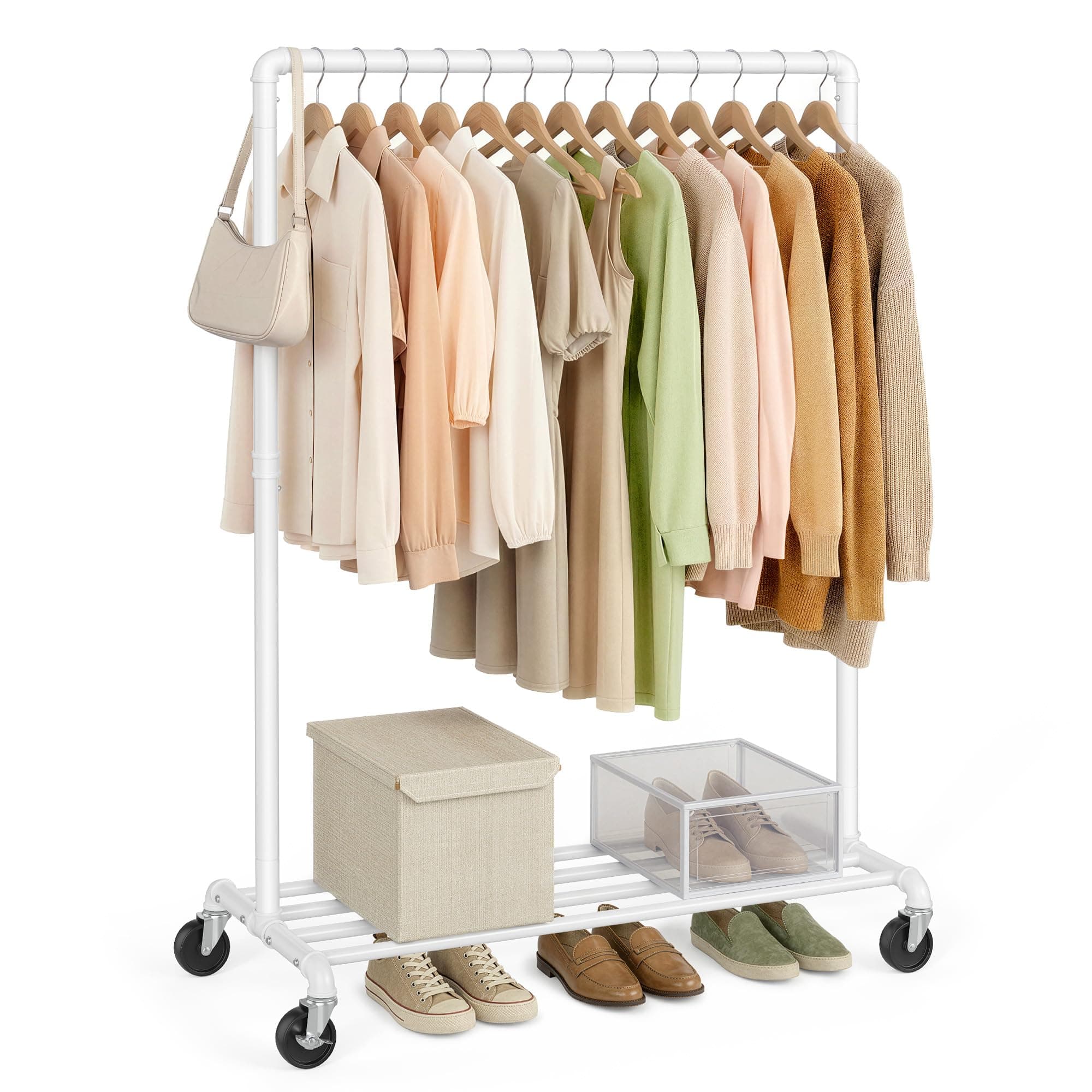 SONGMICS Burro Ropa, Perchero Burro con Ruedas, Capacidad de Carga de 90 kg, Perchero con Barra para Colgar, Estante de Almacenamiento, Estilo Industrial, Blanco HSR061W01