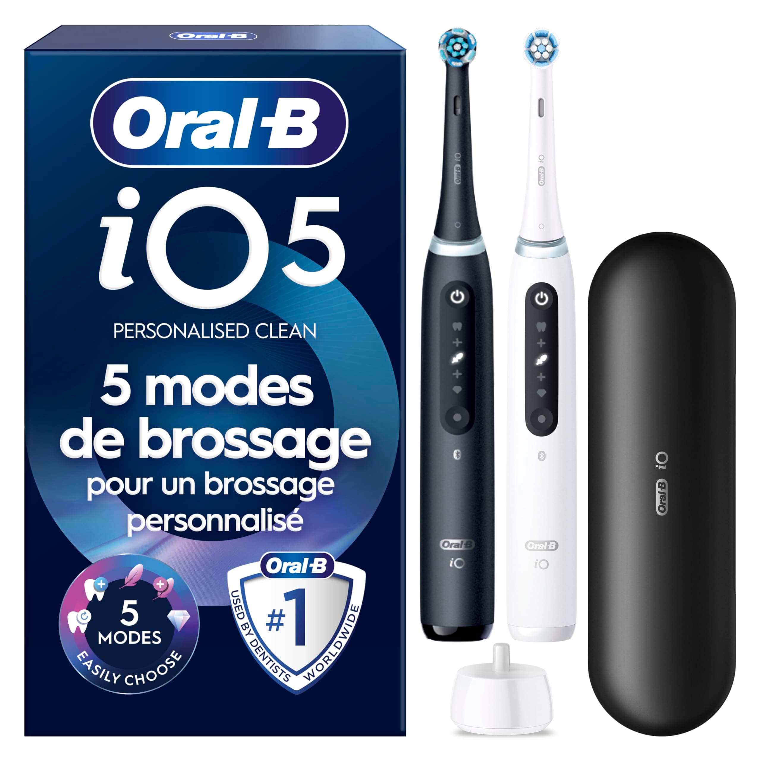 Oral-B Brosses à Dents Electriques iO 5 Duo avec 2 Brossettes de Rechange, Noire, Blanche - 3 Modes de Brossage dont Blancheur, Capteur de Pression sur les Gencives et d’Usure, Batterie Rechargeable