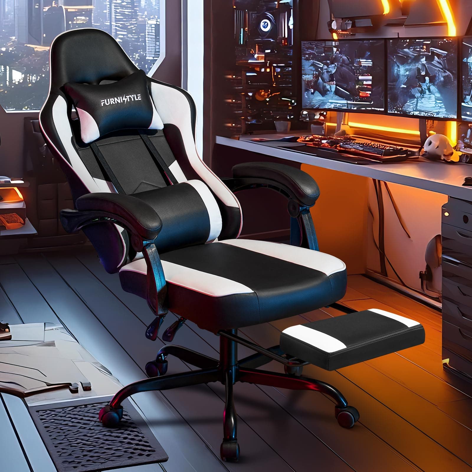 Hellove Chaise Gaming Ergonomique avec Repose-Pieds, Fauteuil de Bureau Réglable en Cuir PU, Support Lombaire, Accoudoirs Synchronisés, pour Adultes et Adolescents, Noir et Blanc