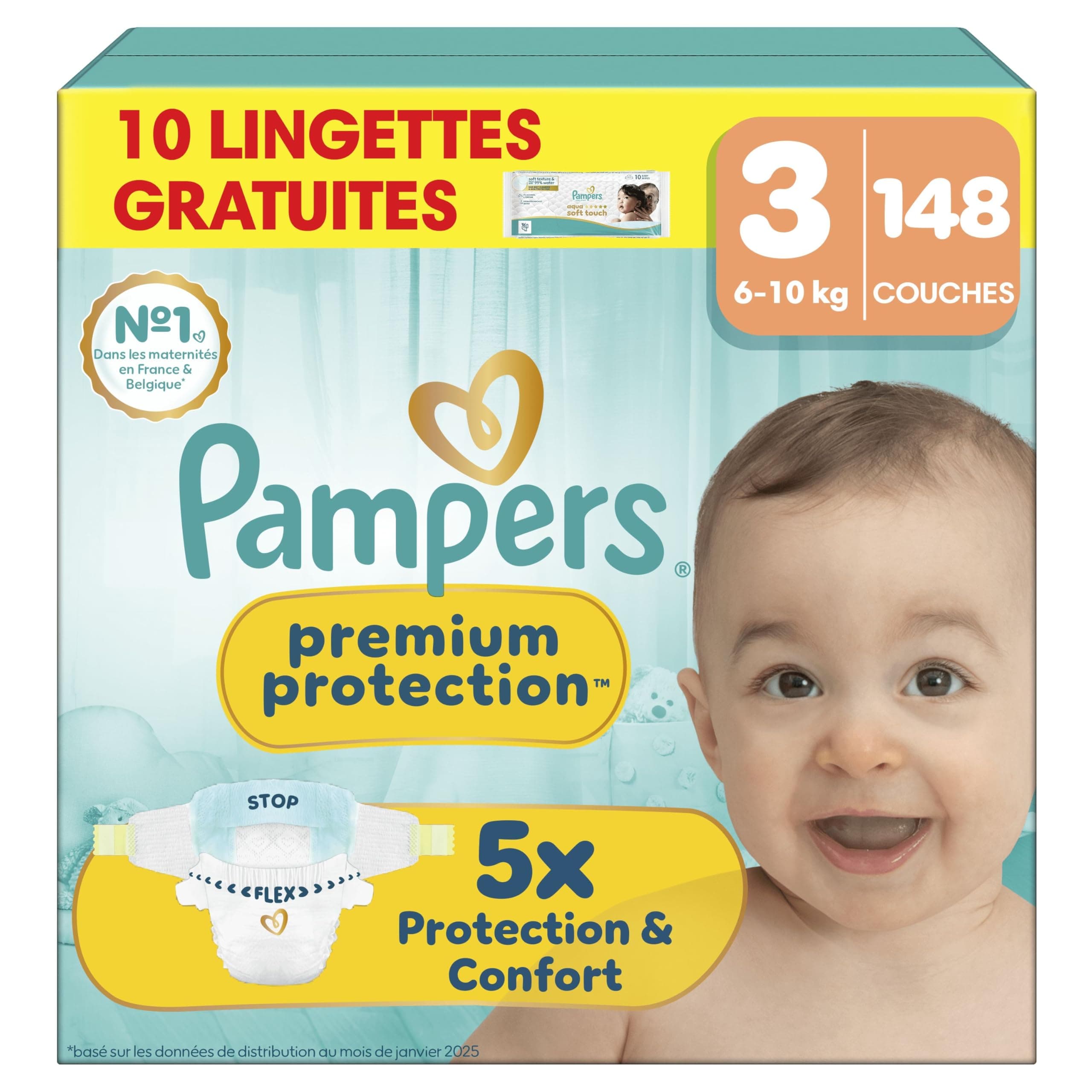 Pampers Premium Protection Taille 3, 148 Couches, 6kg-10kg, Notre N°1 Pour La Protection De La Peau Et Contre Les Fuites, Pack 1 Mois + 10 Lingettes Aqua Soft Touch Offertes