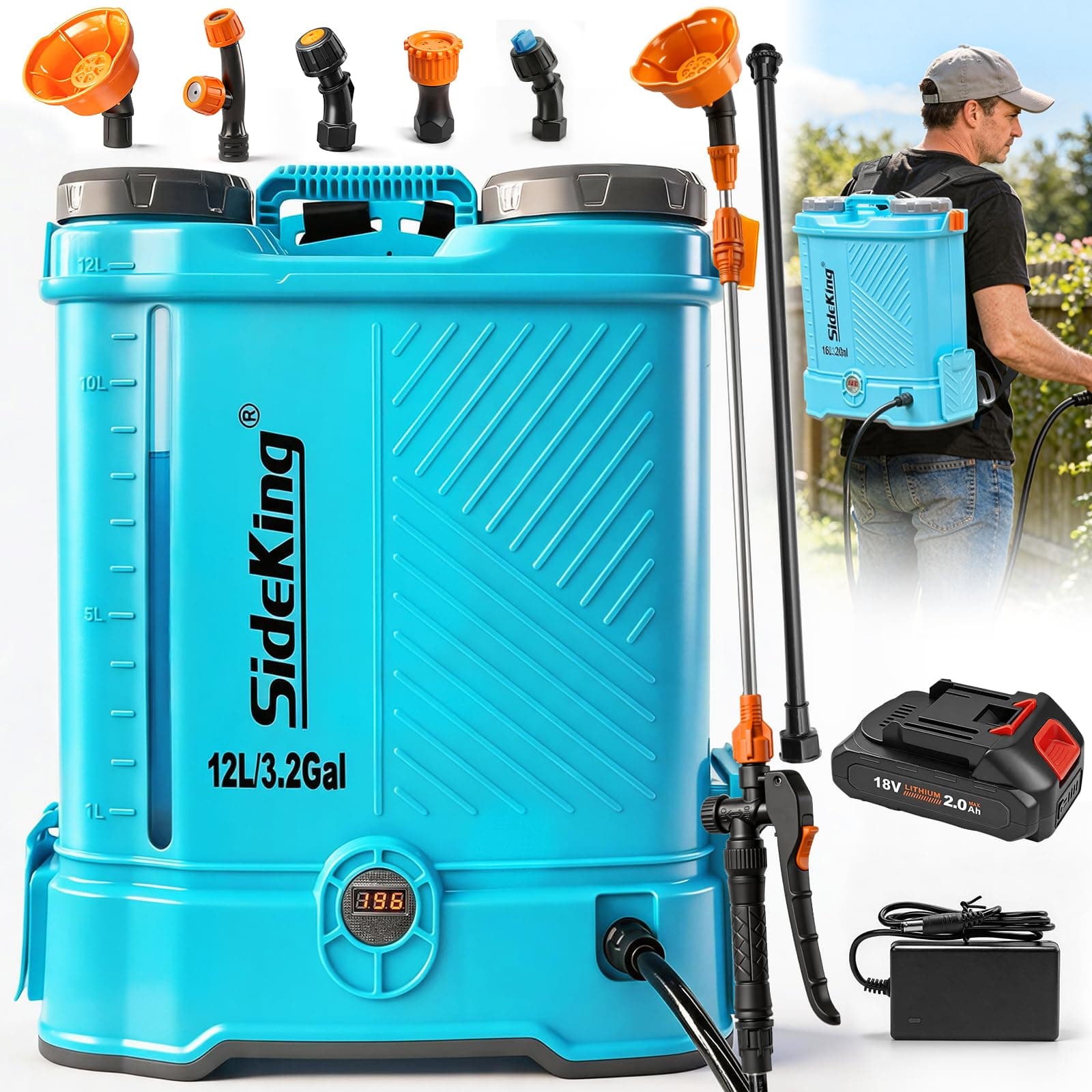 SideKing Pulvérisateur à Dos 12L, Pulvérisateur Électrique Compatible avec Makita 18V, Pression Réglable 5,5 Bar, Lance Télescopique, Soutien Lombaire, Pulvérisateur de Jardin pour Toiture & Terrasse
