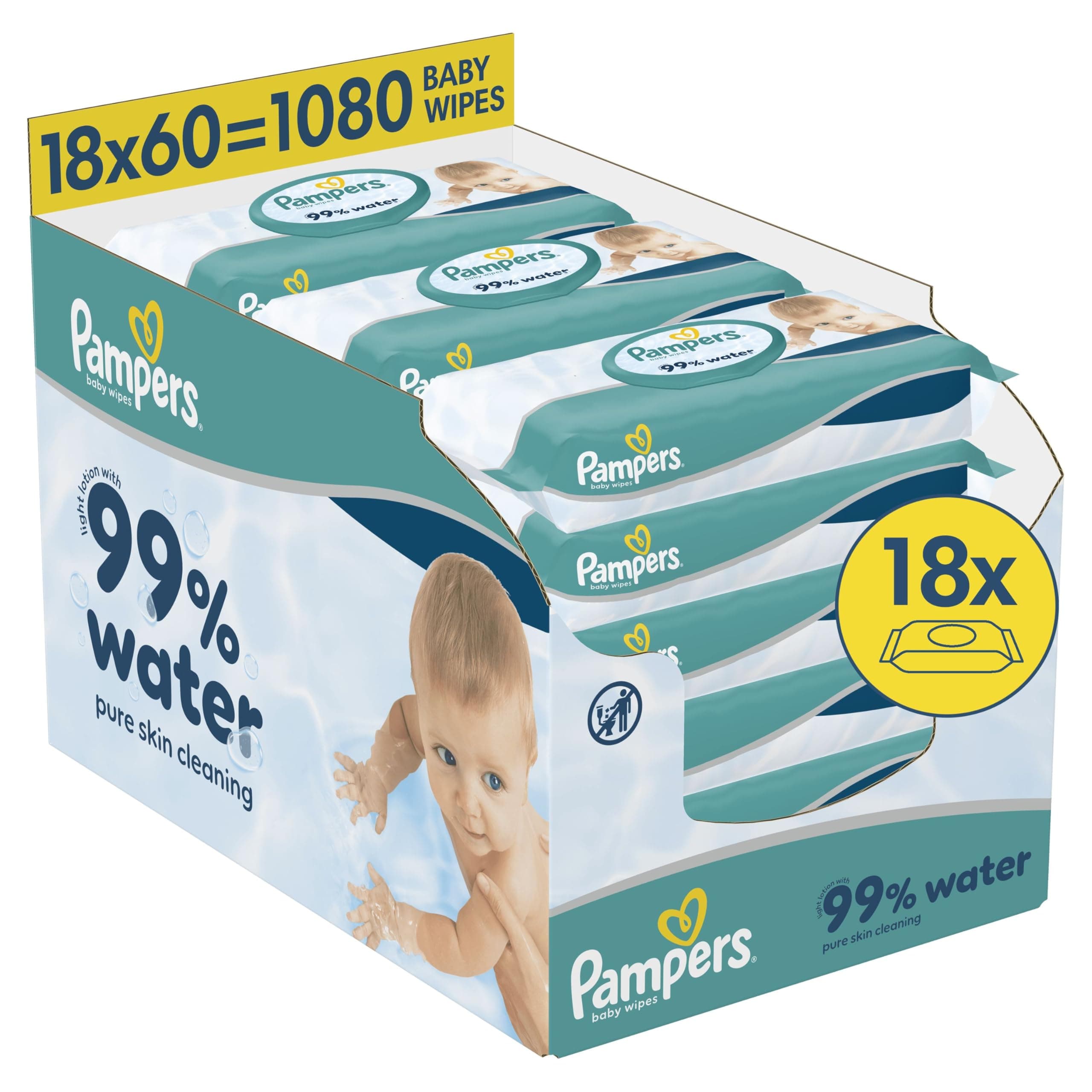 Lingettes pour bébé Pampers 99% d'eau, 18 paquets de 60 lingettes = 1080 lingettes, lotion légère avec 99% d'eau