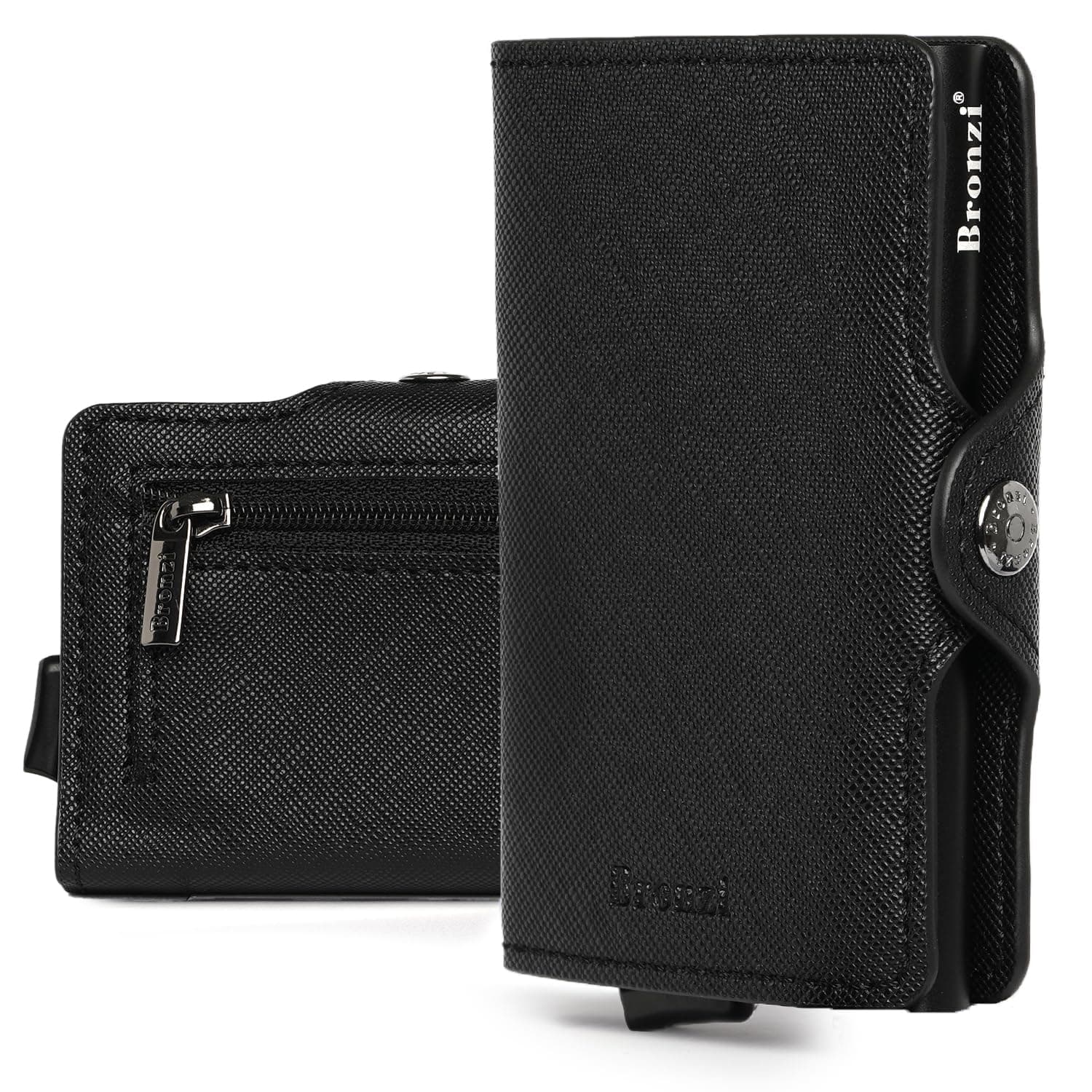 Bronzi Portafoglio Porta Carte Credito - Portafoglio Uomo Slim Portacarte uomo - Mini Porta Tessere - Protezione RFID - Design Smart Italiano Scatola Regalo inculsa (Nero Saffiano ZIP)