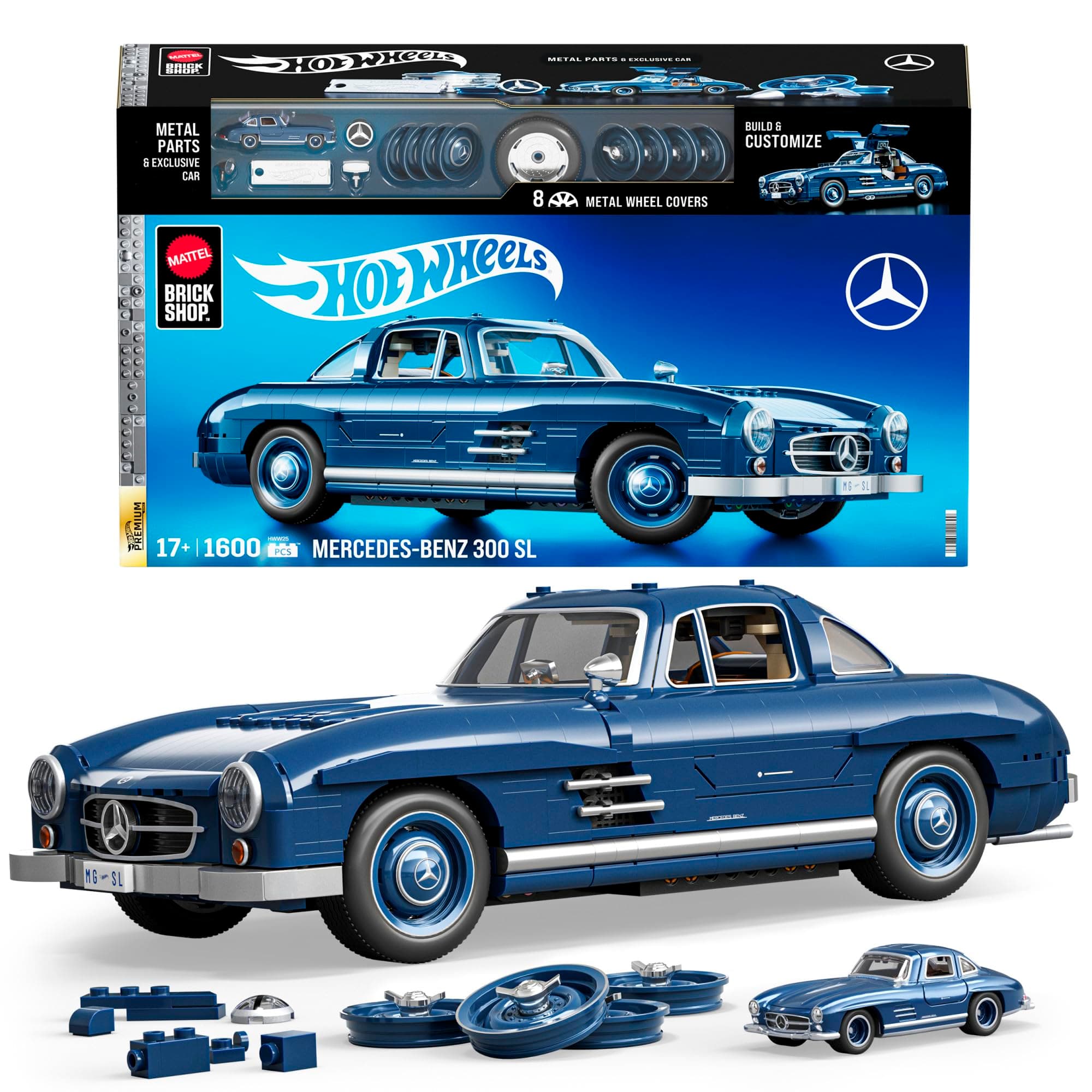 Mattel Brick Shop Hot Wheels Premium Series , juego de construcción Mercedes-Benz 300 SL. 1600 piezas, detalles realistas y piezas metálicas, para adultos coleccionistas, HWW25