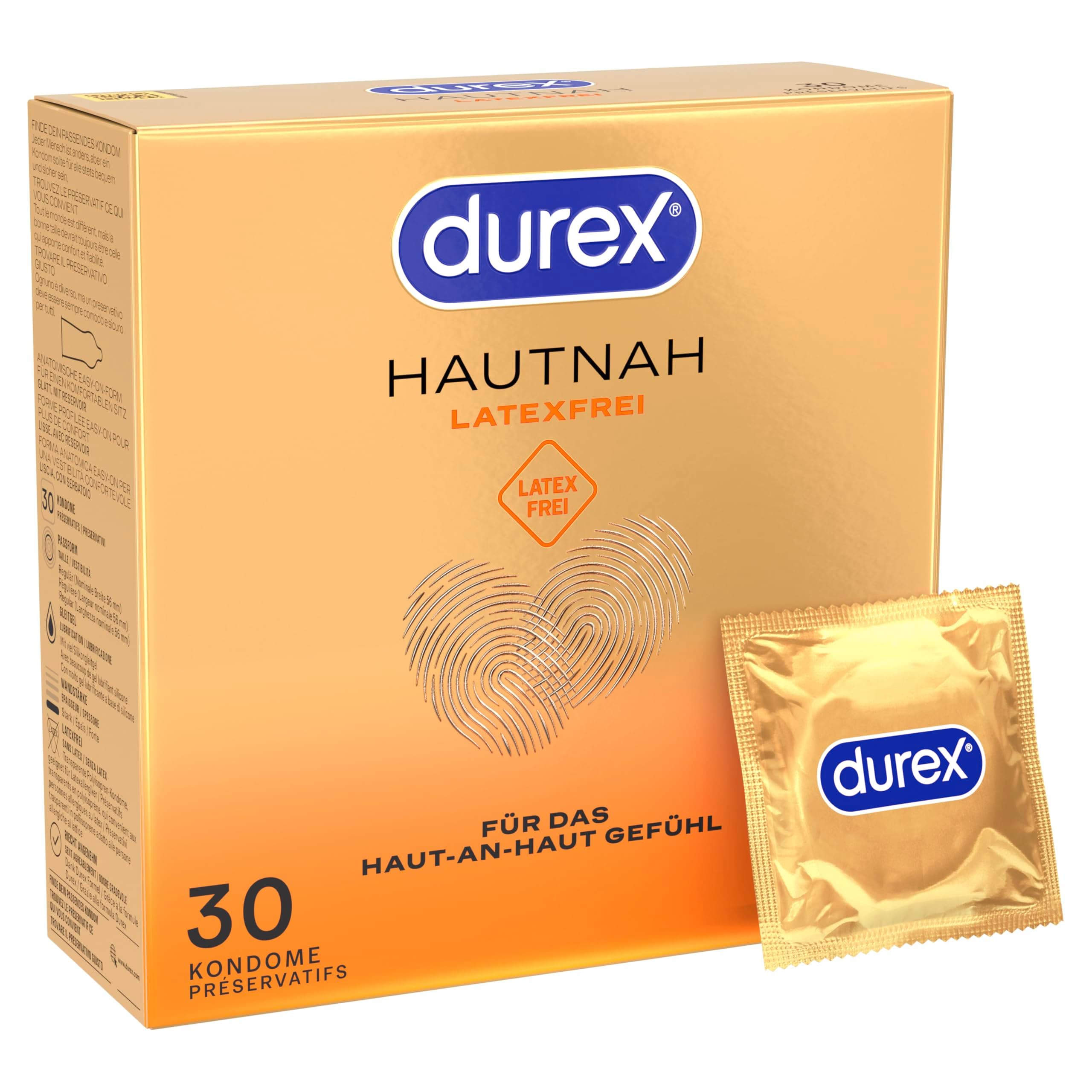 Durex Hautnah Latexfrei Kondome - Latexfreie Kondome aus Real-Feel-Material & mit anatomischer Easy-On-Form - Ohne Latex - 30er Pack (1 x 30 Stück)
