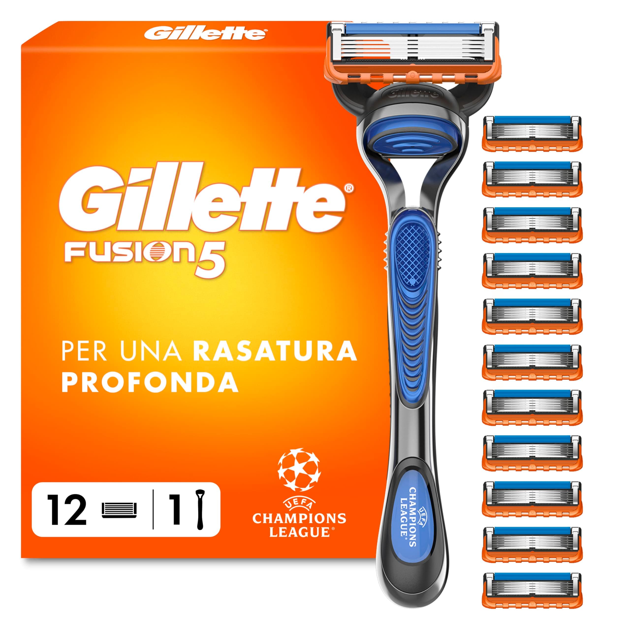 Gillette Fusion5 Rasoio Barba, 1 Rasoio Barba Manuale + 12 Lametta Gillette Fusion 5 di Ricambio, con Striscia Lubrificante per una Morbida Scorrevolezza e 5 Lame per una Rasatura Profonda e Duratura