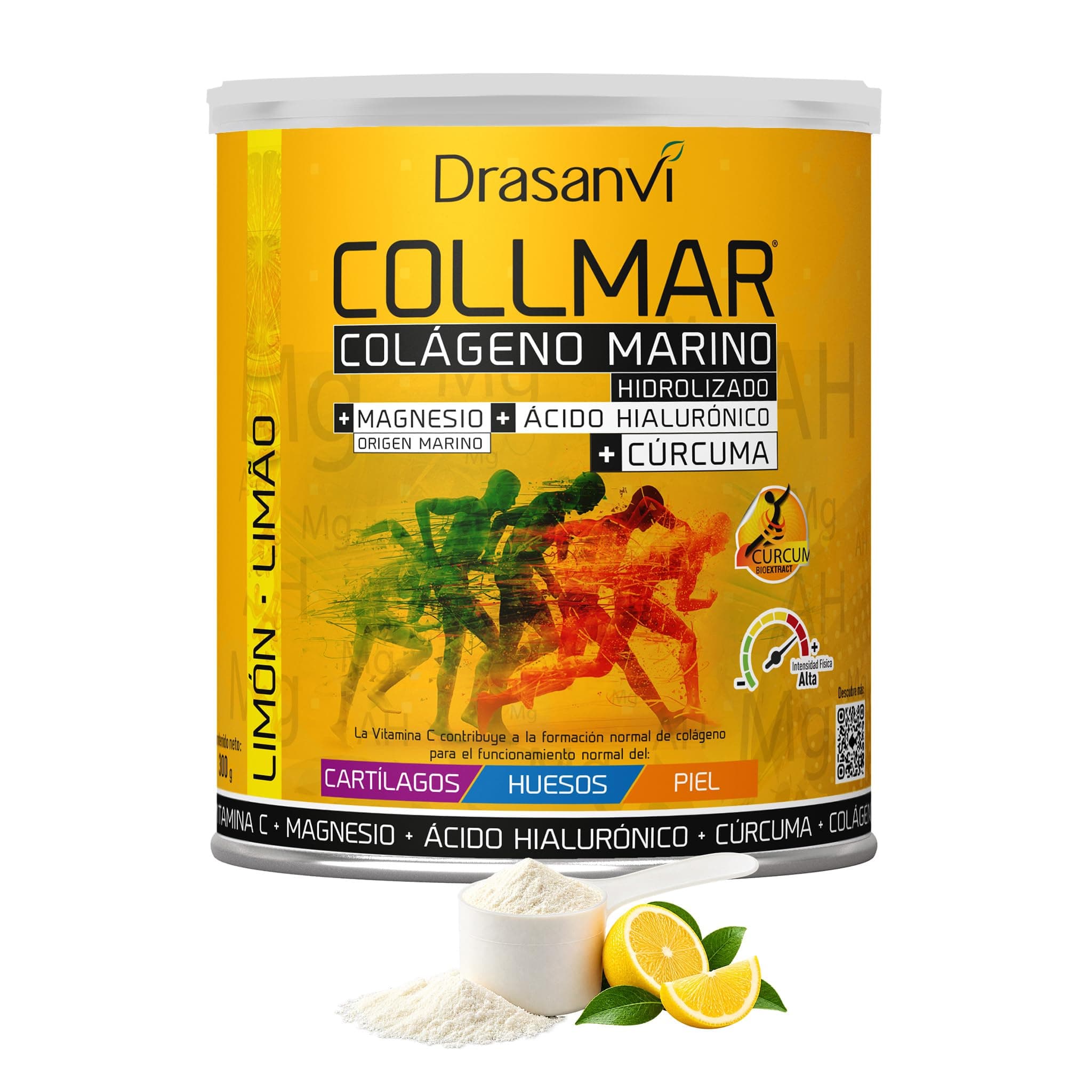 Drasanvi COLLMAR Colágeno Marino Hidrolizado + Cúrcuma con Magnesio, Vitamina C, Ácido Hialurónico para bienestar articular y muscular, asimilación 9.355 mg/día, 300 g de polvo = 26 días, Sabor Limón