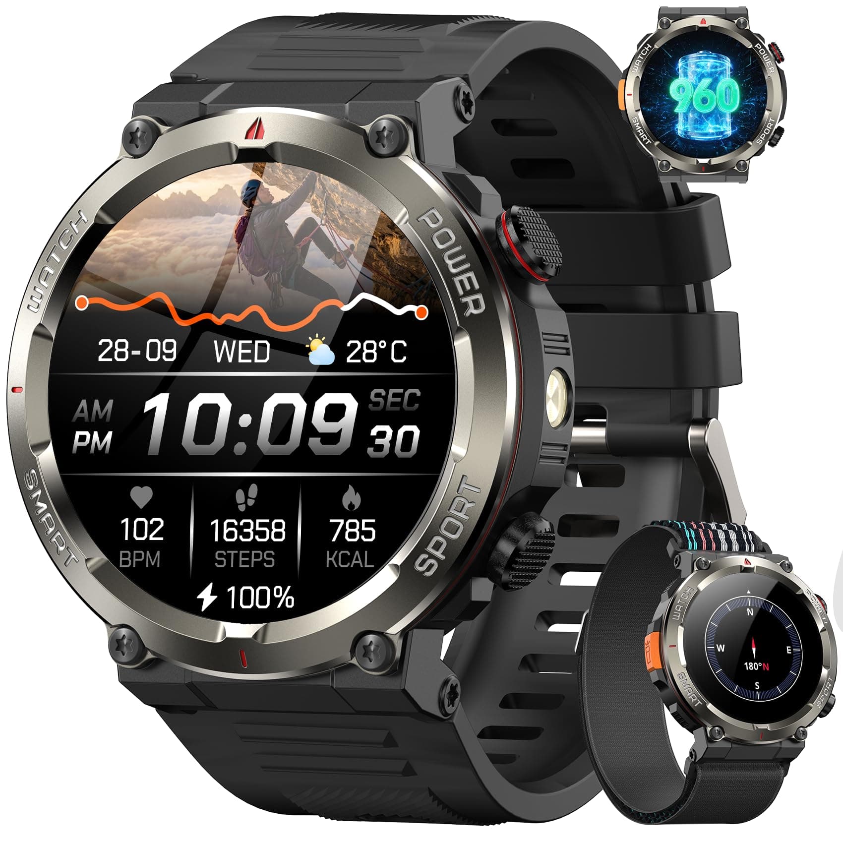 Blackview Montre Connectée Homme, 960mAh 100 Jours Veille, Noir Tactique | 12 Tests Militaires, Lampe LED Boussole, Appel Bluetooth, 100+ Sports, Suivi Cardio SpO2, IP68, Double Bracelet, Android iOS
