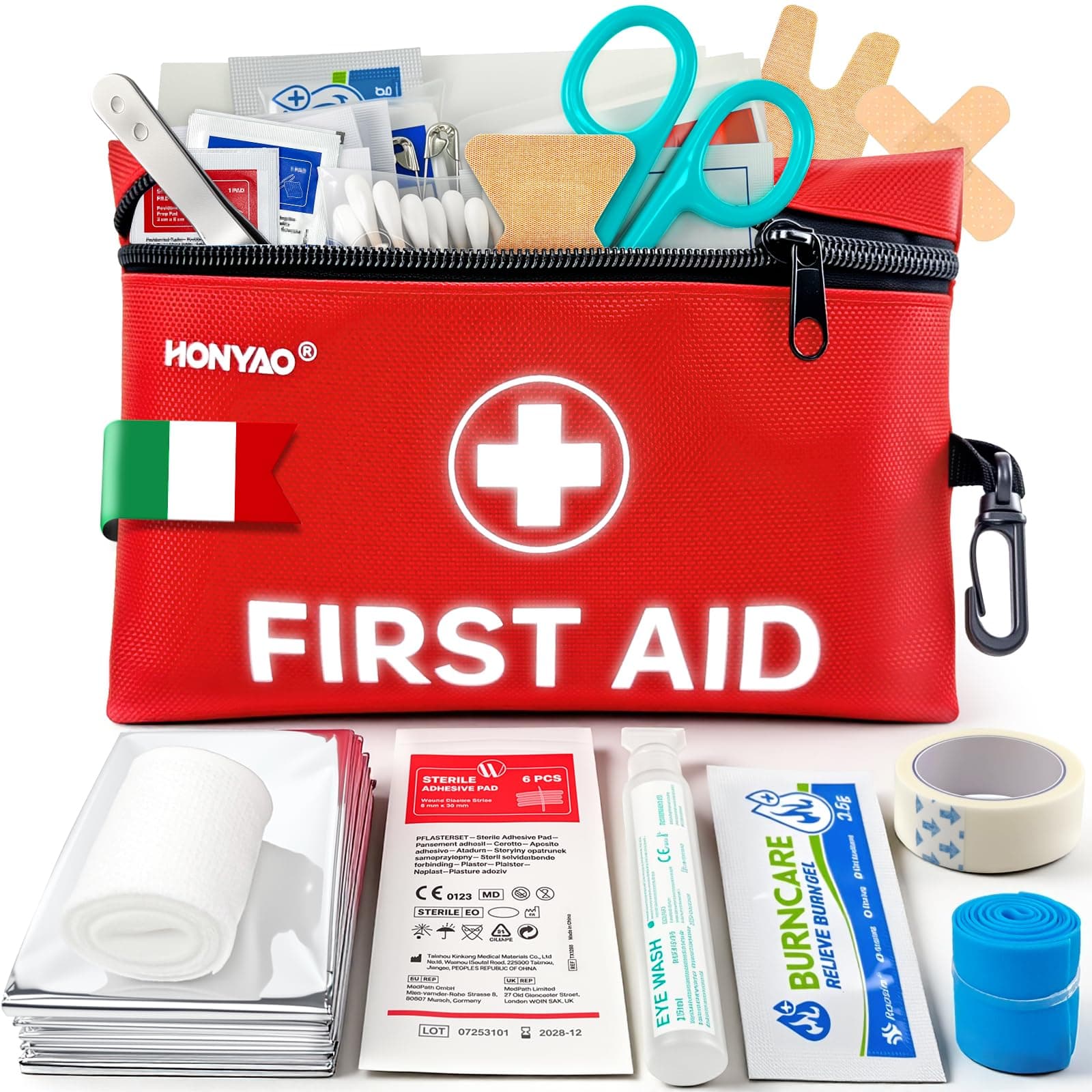 HONYAO Mini Kit Pronto Soccorso 105 Pezzi, Kit di Primo Soccorso per Trekking Viaggio Montagna Auto Moto Casa, Rosso