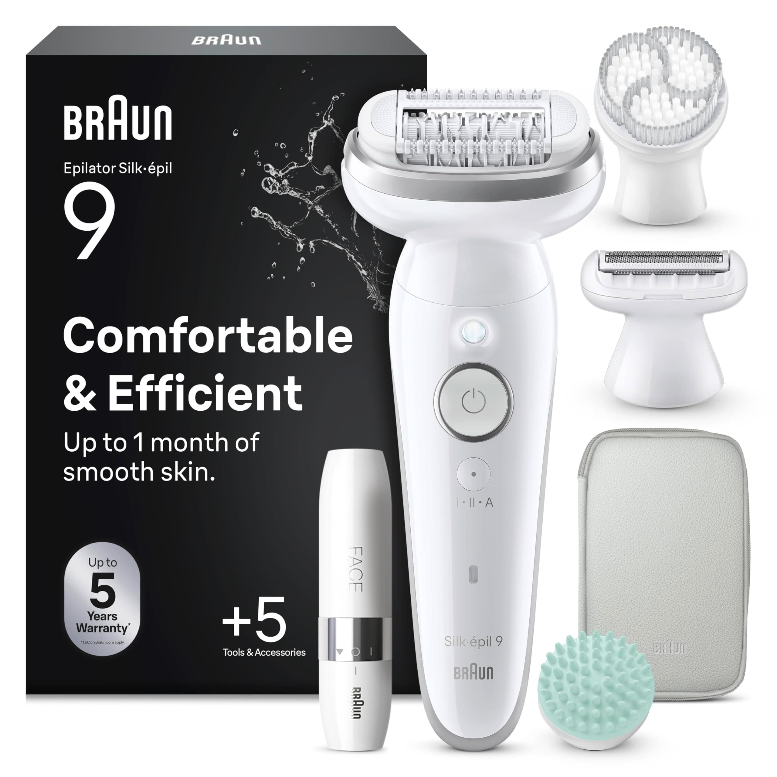Braun Epilateur Electrique Femme Silk Epil 9 SkinSpa 9-381, Argent | Etanche, sans Fil, Tête Pivotante, Coffret Epilation Tout-en-Un avec Sabot Tondeuse, mini Rasoir Visage, Coussin de Massage