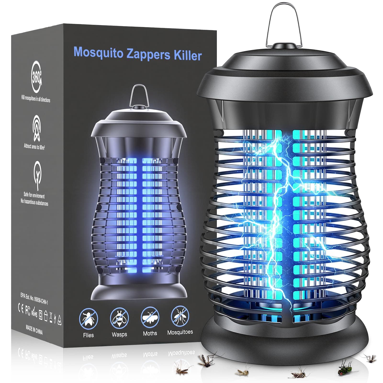 Lampe Anti Moustique Electrique, 4200V 20W UV Tue Mouche Électrique, Appareil Anti Moustique à Lumière Bleue, Anti Insectes Répulsif Étanche IPX6 Efficace Portée 100m² pour Intérieur et Extérieur