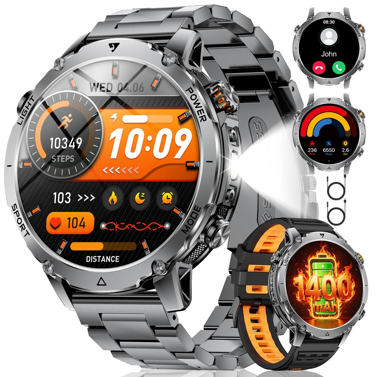 LIGE Smartwatch Uomo 1400mAh Batteria Lunga,1.7" Smart Watch Militare con Torcia LED,Chiamata Bluetooth,120+ Sport,5ATM Impermeabile,Frequenza Cardiaca,Android/iOS,2 Caricabatterie