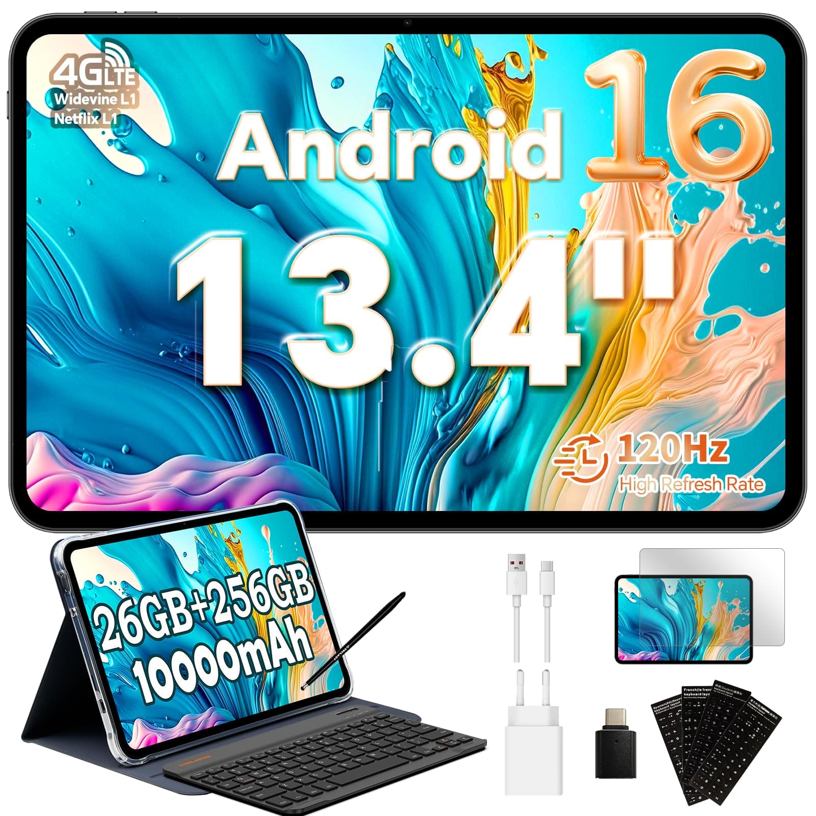 TECLAST T65 Tablet 13.4 Pollici 120Hz Display Tablet Android 16, Doppio SIM 4G LTE+5G WiFi, 2.2GHz Octa-Core, 26GB RAM+256GB ROM(TF 4TB) Widevine L1 1080P/13MP/BT5/GPS/OTG, con Tastiera+Custodia+Penna