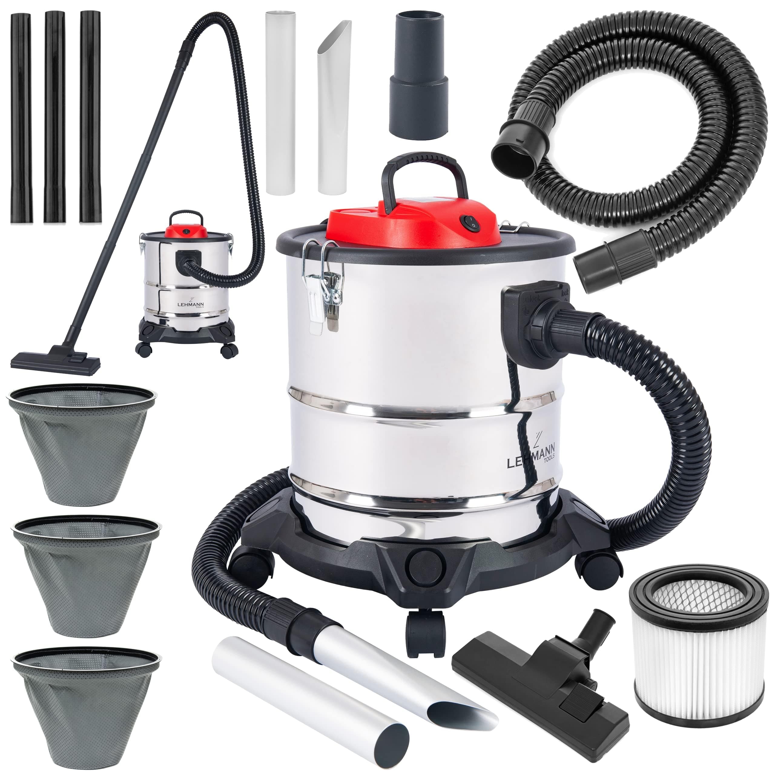 LEHMANN Haddo Aspirapolvere industriale 2000W | per camino con doppio sistema di filtri | per camino mangiacenere | a secco umido con serbatoio in acciaio inox da 20 litri, argento