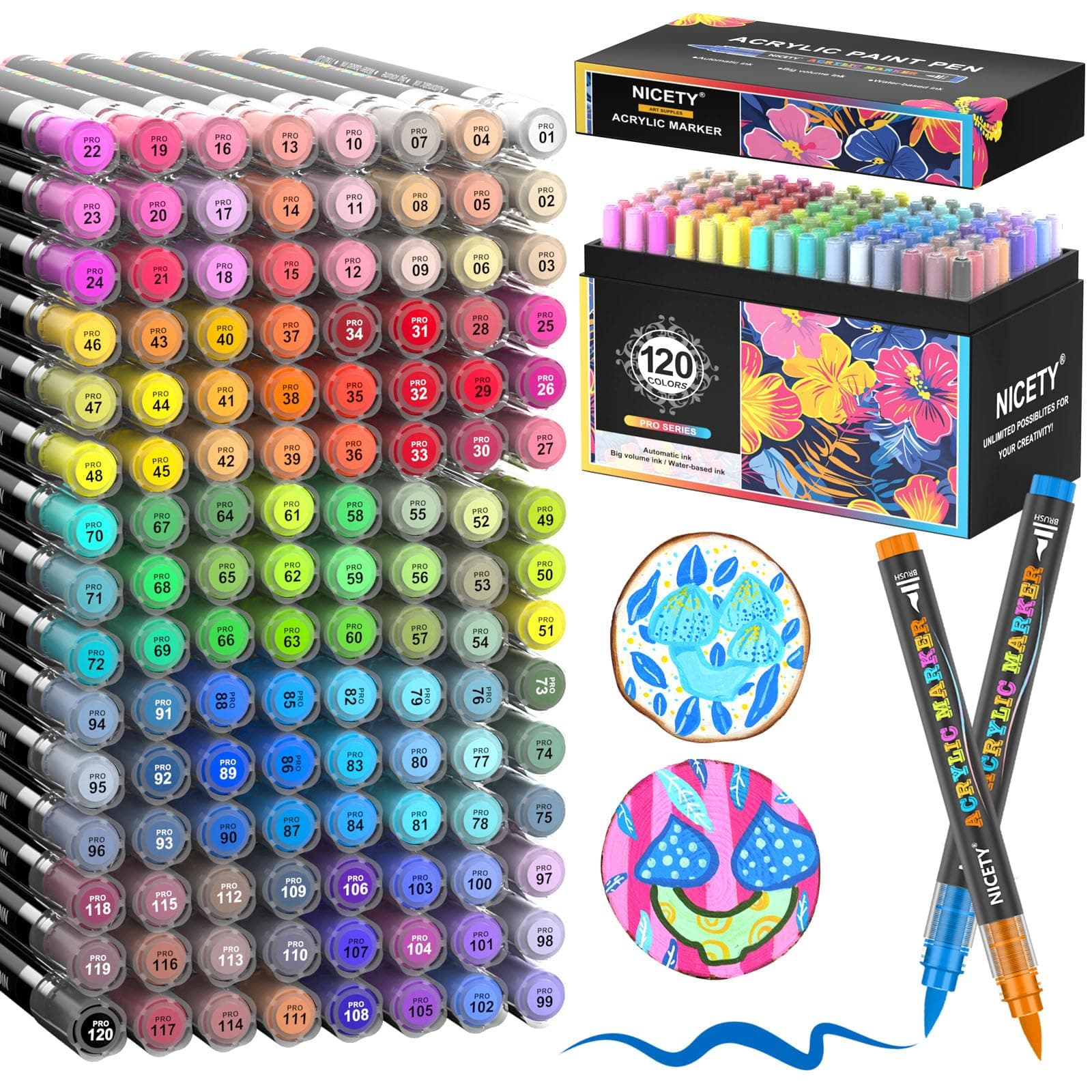 NICETY 120 Feutres Acryliques à Pointe Pinceau - Marqueurs Peinture à l'Eau Multi-Supports pour Pierre, Bois, Céramique, Verre - Pointe Flexible 1-6mm pour Artistes, Débutants et Adultes