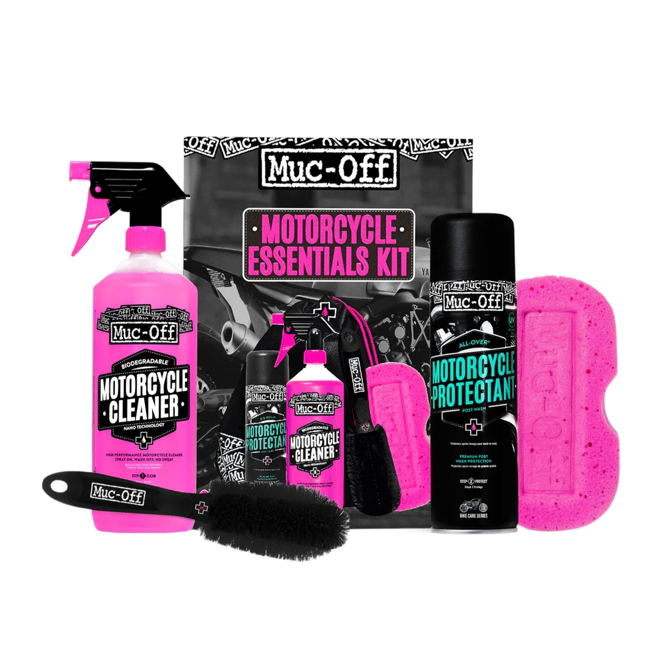 Muc-Off Basis Motorrad Pflegeset – Must-Have Motorrad Zubehör für Reinigung und Pflege – Mit Motorrad Reiniger, Motorradschutzmittel, Motorrad Werkzeug und Mehr, CLEAN + PROTECT