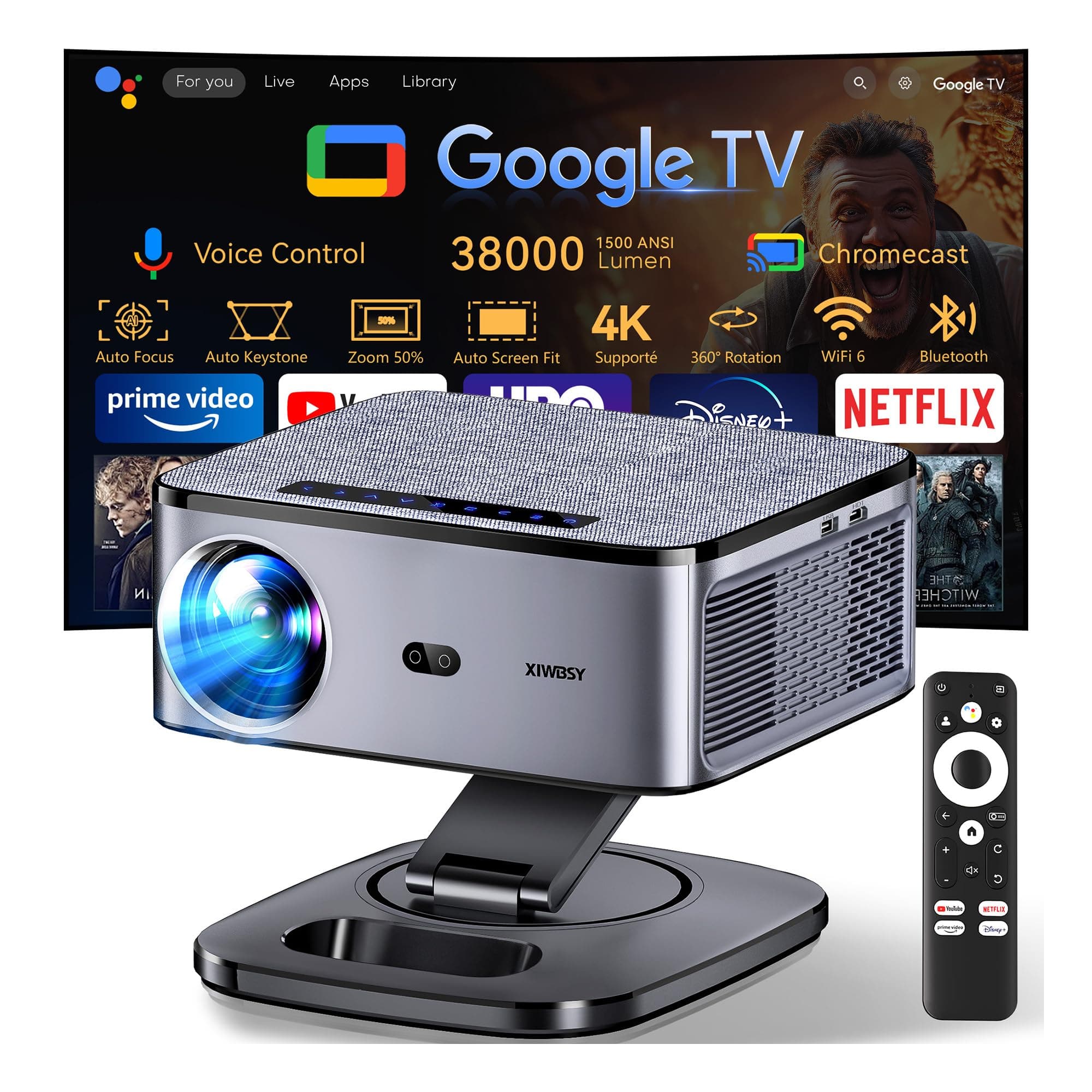 【1500 ANSI/Google TV/Autofokus】 XIWBSY Videoprojecteur 4K Supporté, 38000 Lumen FHD, 360° Rotation, Projecteur Video 4K Contrôle Vocal, Retroprojecteur WiFi6 Bluetooth