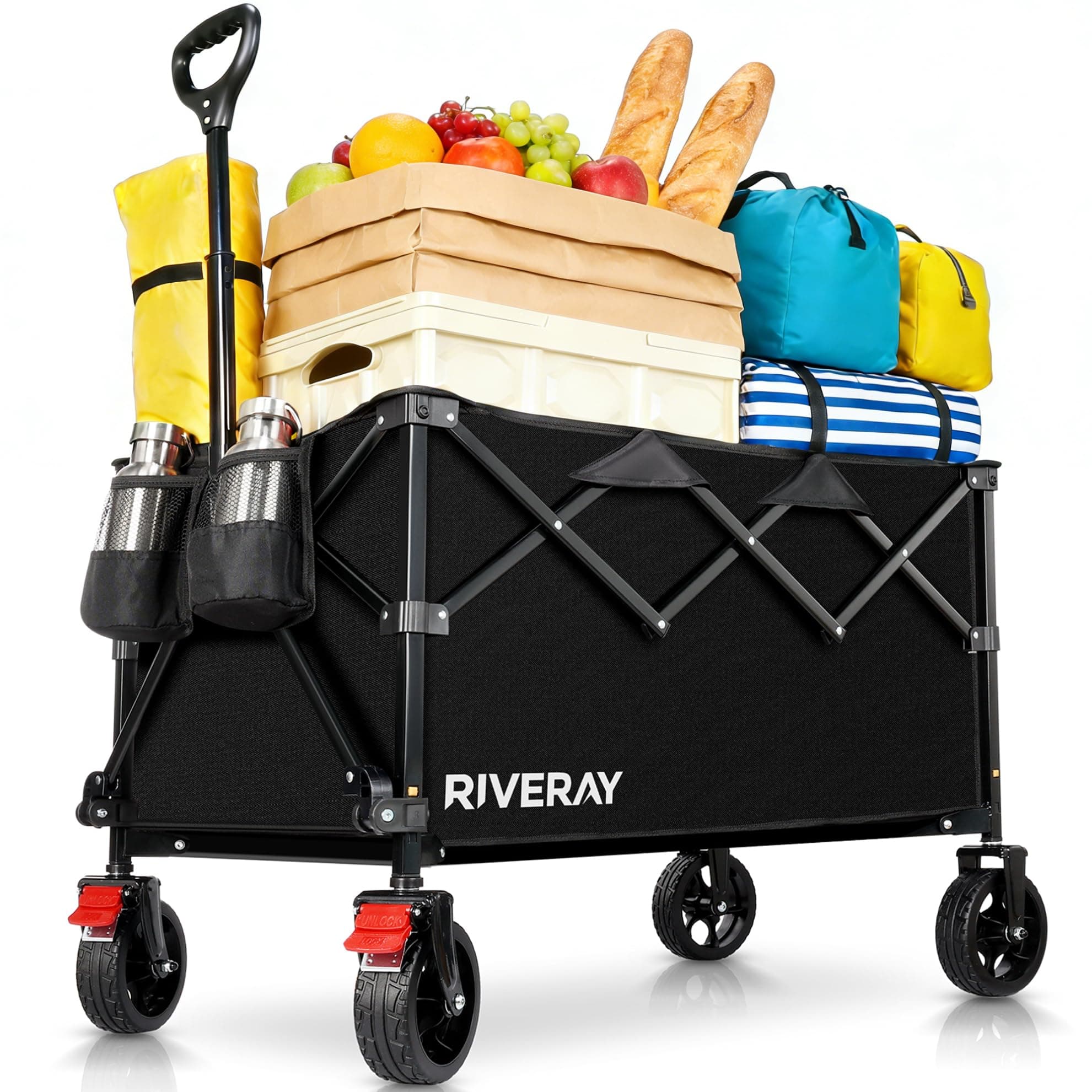 RIVERAY Chariot Pliable Tout Terrain 300L 230KG, Chariot de Plage à roulettes avec Freins, Toile Amovible, Grand Volume XXXL pour Camping, Jardin, Pêche, Transport, Pique-Nique