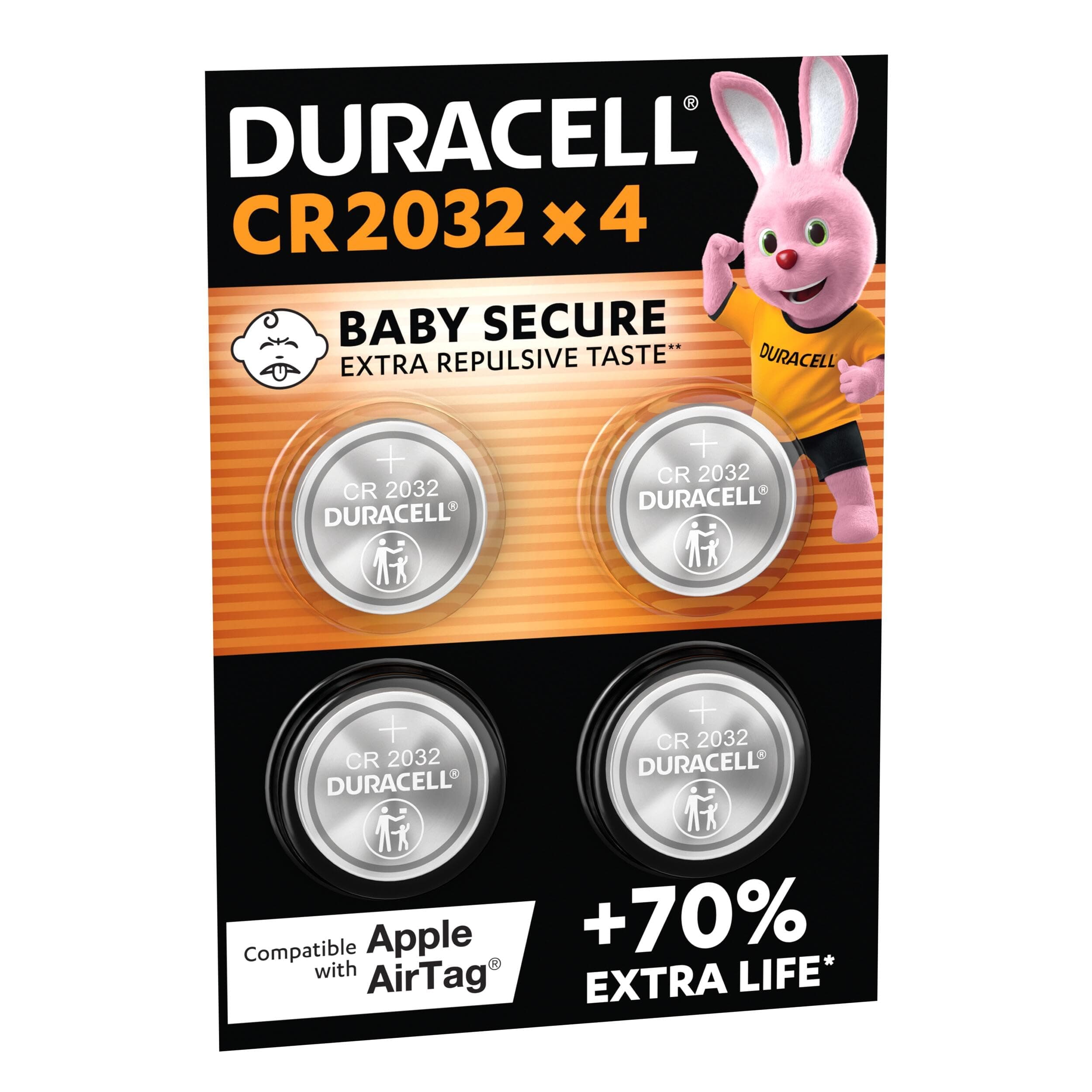 DURACELL 2032 Pilas de Botón de Litio (Paquete de 4) 3V, CR2032 | Hasta un 70 % extra duración - Baby Secure - Para Apple AirTag, llaves remotas, dispositivos domésticos, deportivos y médicos