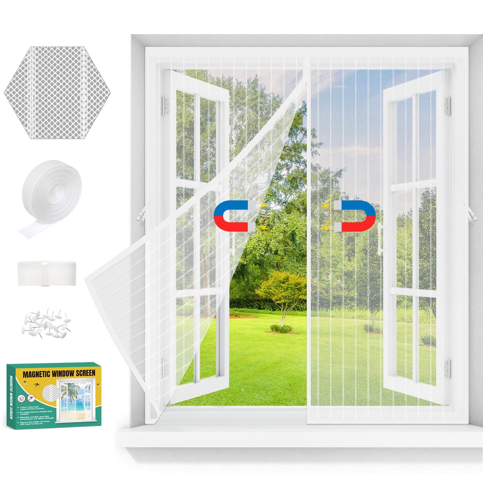 Moustiquaire Fenetre Magnetique,Toile Moustiquaire Fenêtre Sans Perçage Fermeture Automatique,Rideau Anti Moustique avec Ruban Adhésif,Filet Moustiquaires pour Chambre Balcon Porte (Blanc, 120x120cm)