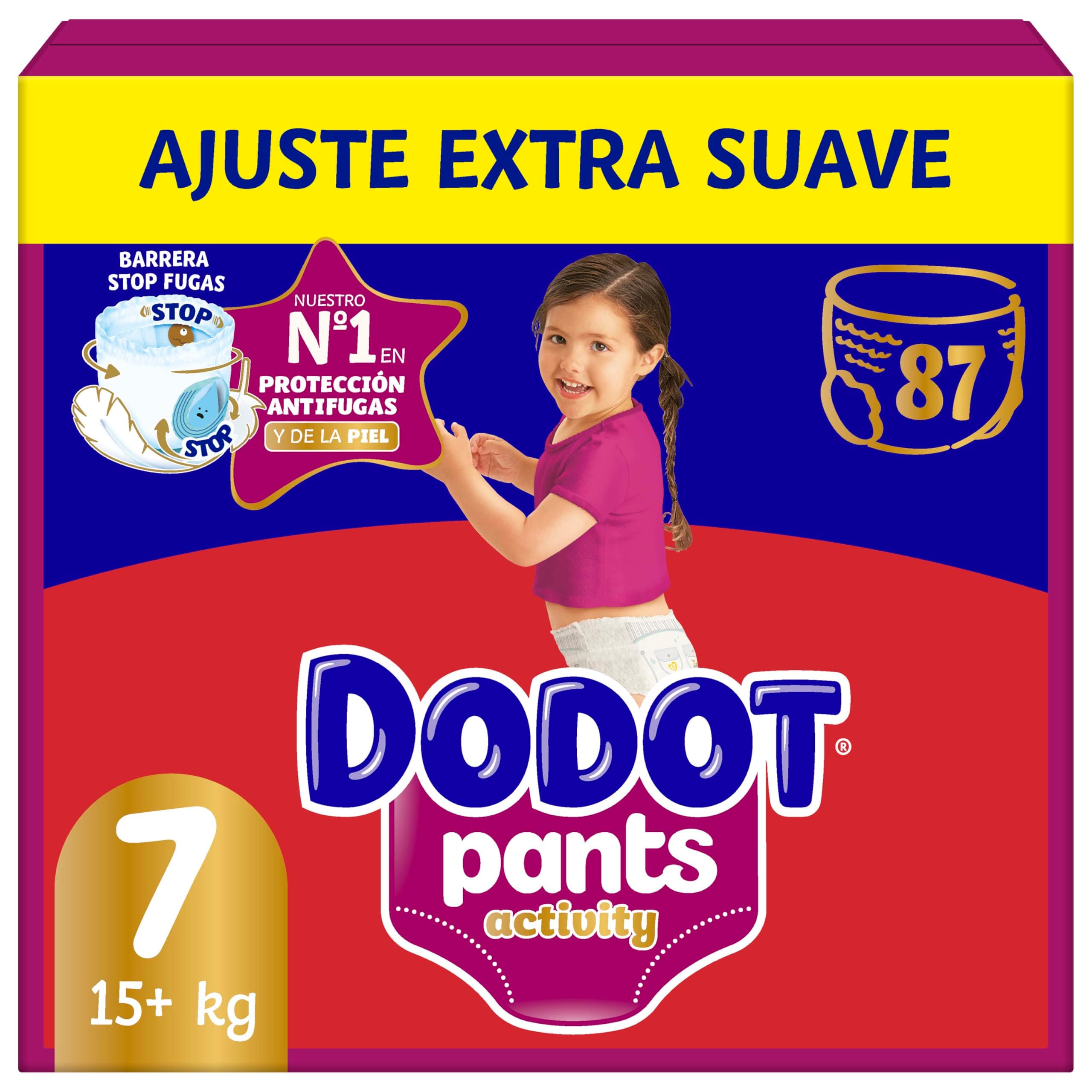 DODOT Activity Pants Pañal-Braguita Talla 7, 87 Pañales, 17kg+, Con Ajuste 360 que ayuda a prevenir holguras y fugas y materiales extra suave