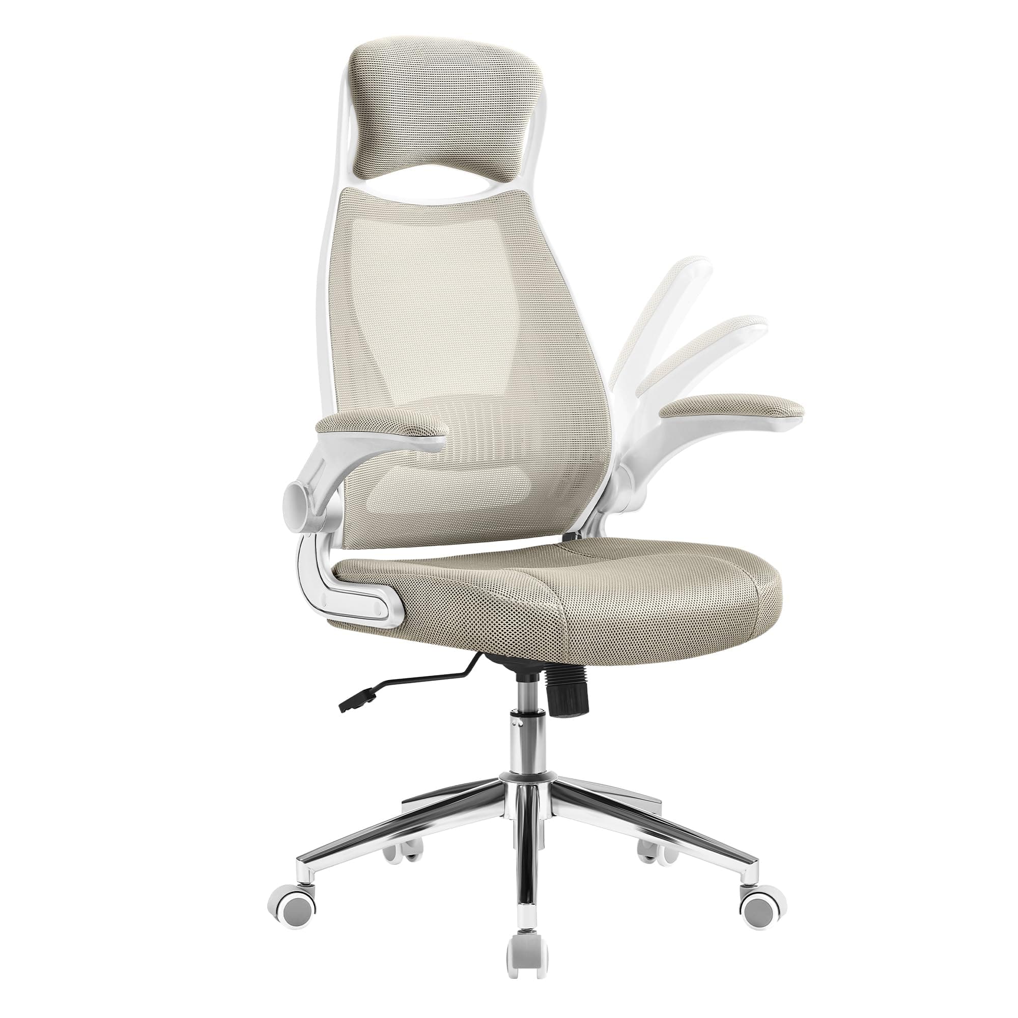 SONGMICS Silla de Oficina Giratoria, Apoyabrazos Inclinables, Beige | Silla de Oficina con Apoyacabezas, Soporte Lumbar, Mecanismo de Balanceo, Superficie de Malla, Beige Capuchino OBN086K01