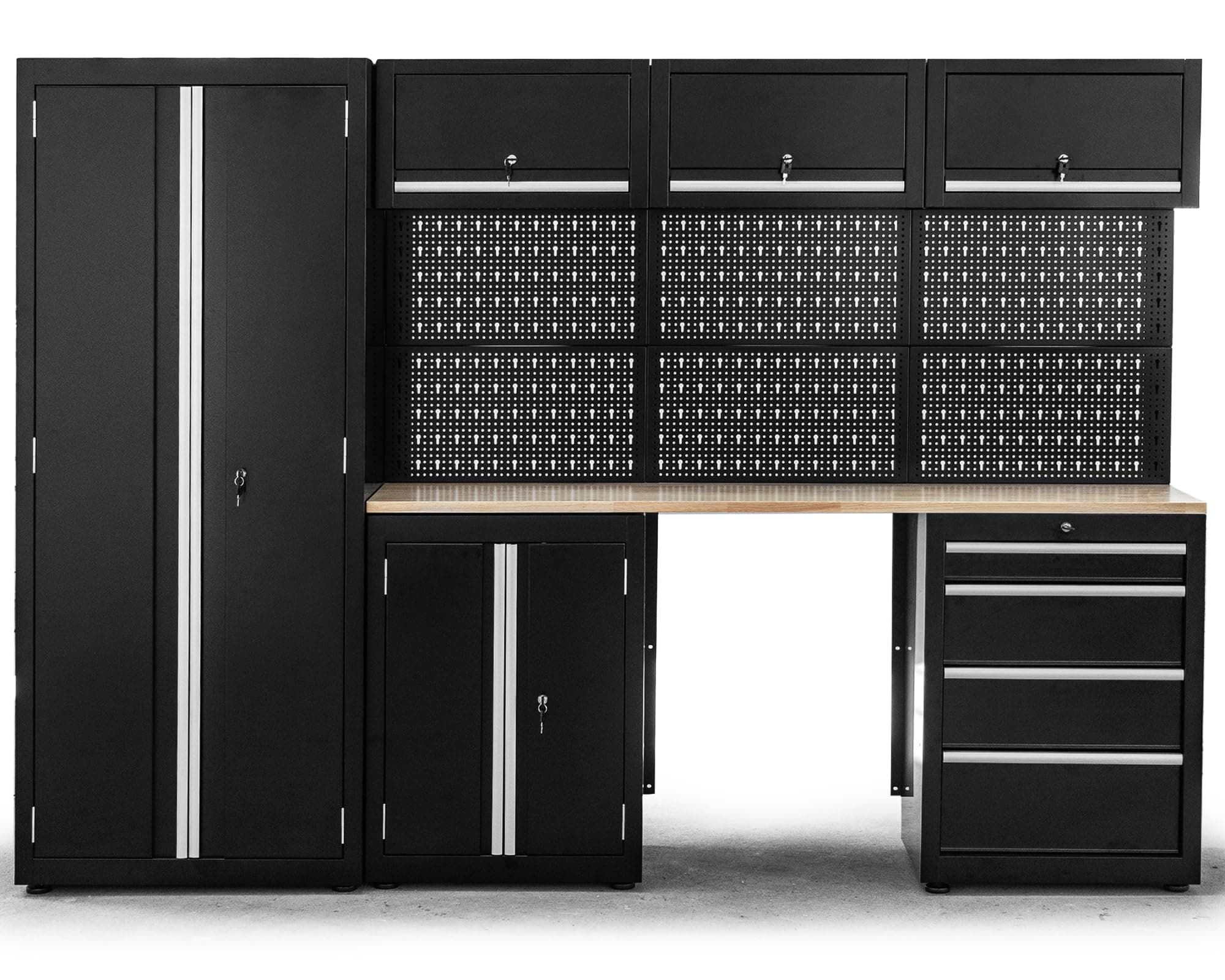 Ondis24 XL Werkstatt Komplett Set 260cm vormontierte Männerküche Werkstattrichtung modular mit Holzarbeitsplatte, Werkzeugschränke, Werkbank mit Schubladen (9 TLG.)