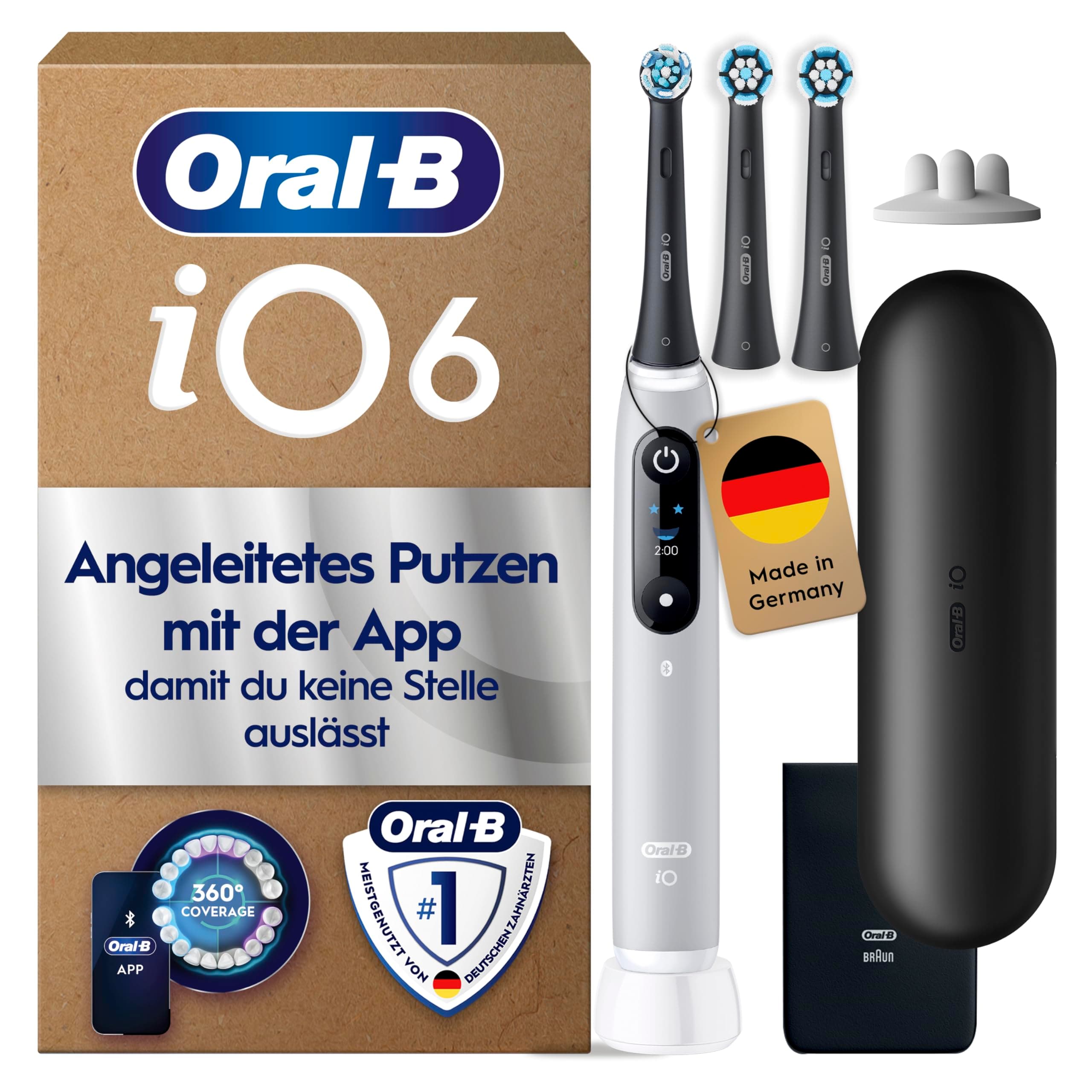 Oral-B iO Series 6 Elektrische Zahnbürste, Grau | Inkl. 3 Aufsteckbürsten, Reise-Etui, Electric Toothbrush mit 5 Putzmodi für Zahnpflege