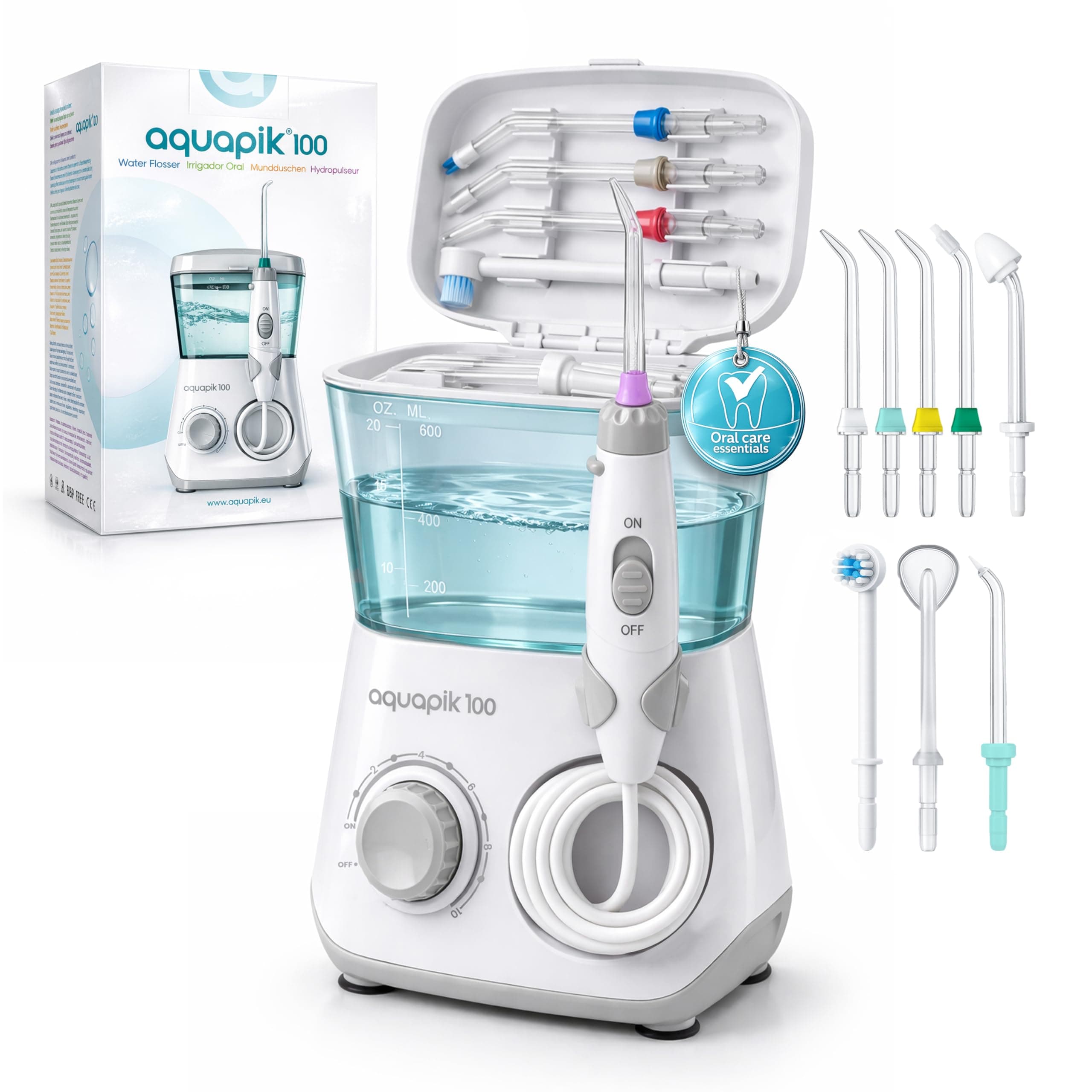 Aquapik - Hydropulseur - Water Flosser - Jet Dentaire - avec 8 Embouts et 10 Niveaux de pression, Élimine la plaque et mauvaise haleine