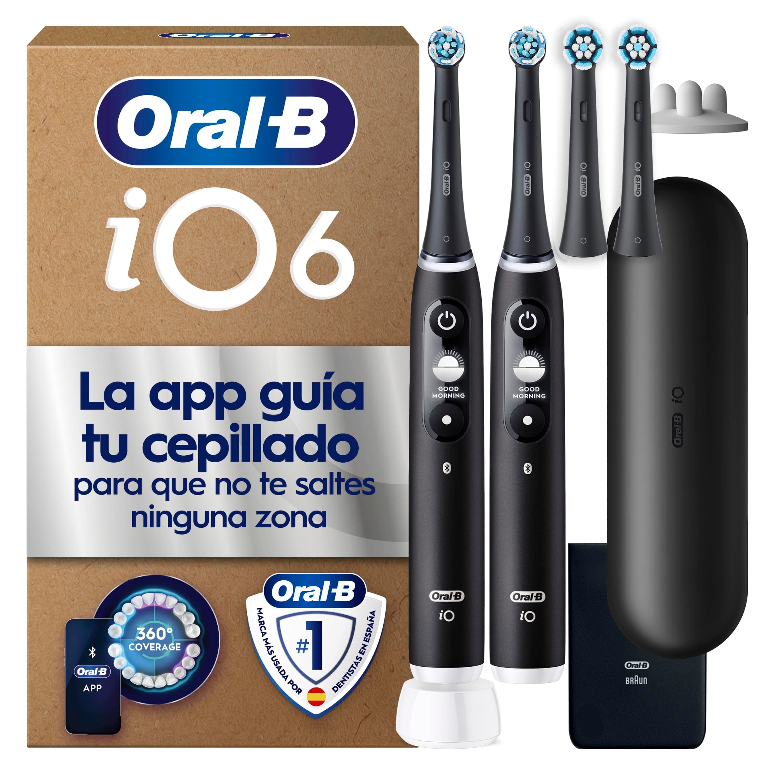 Oral-B iO 6 Cepillos de Dientes Eléctricos, Negro y Rosa, Pack de 2, 4 Cabezales - Cepillo Dental con Sensor de Presión, 5 Modos de Cepillado con Blanqueamiento Dental, Estuche de Viaje