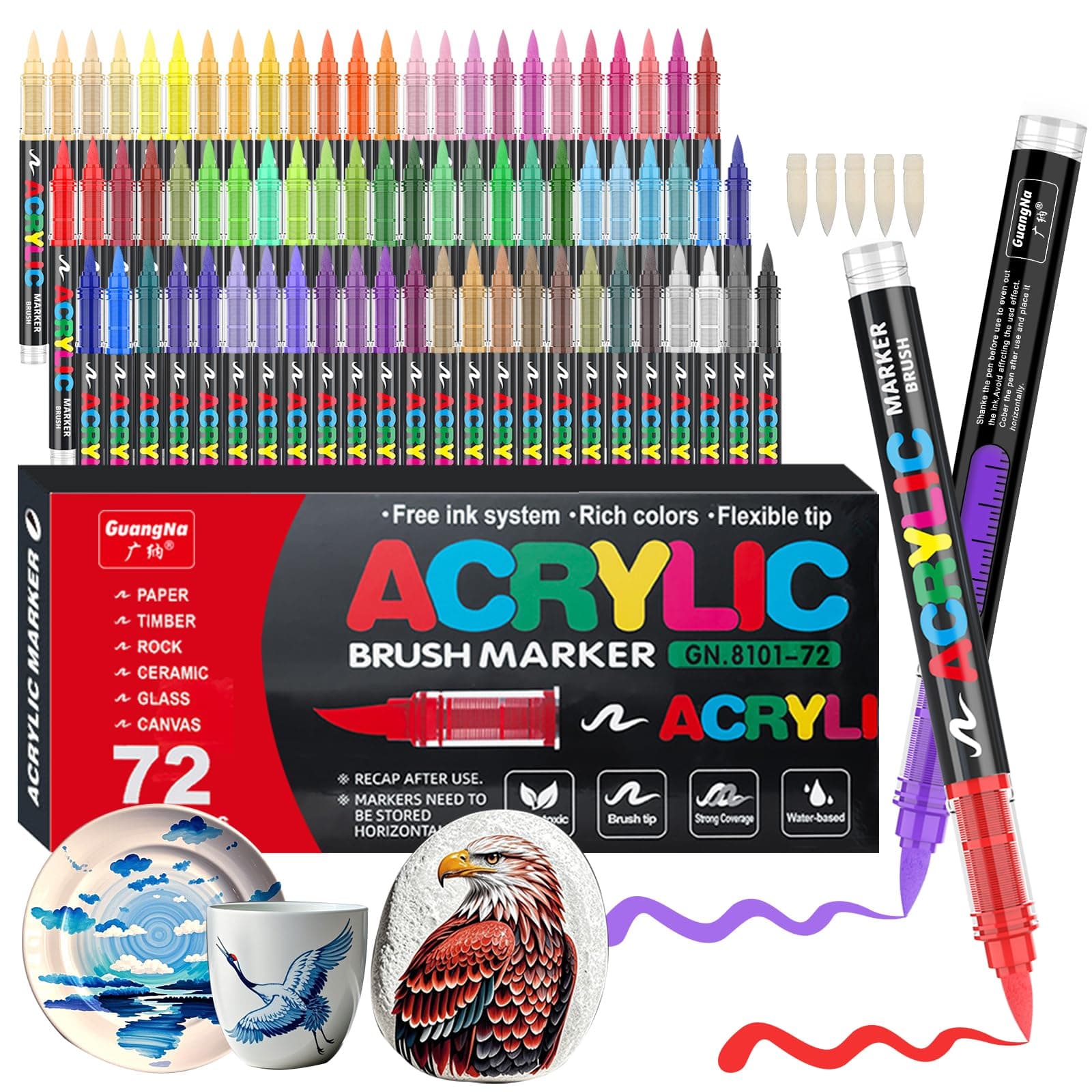 Gelanty Feutre Acrylique, 72 couleurs Acrylic Paint Marker avec embout pinceau flexible, liquide direct Acrylic Brush Marker feutres coloriage pour la peinture sur roche, céramique, bois, verre