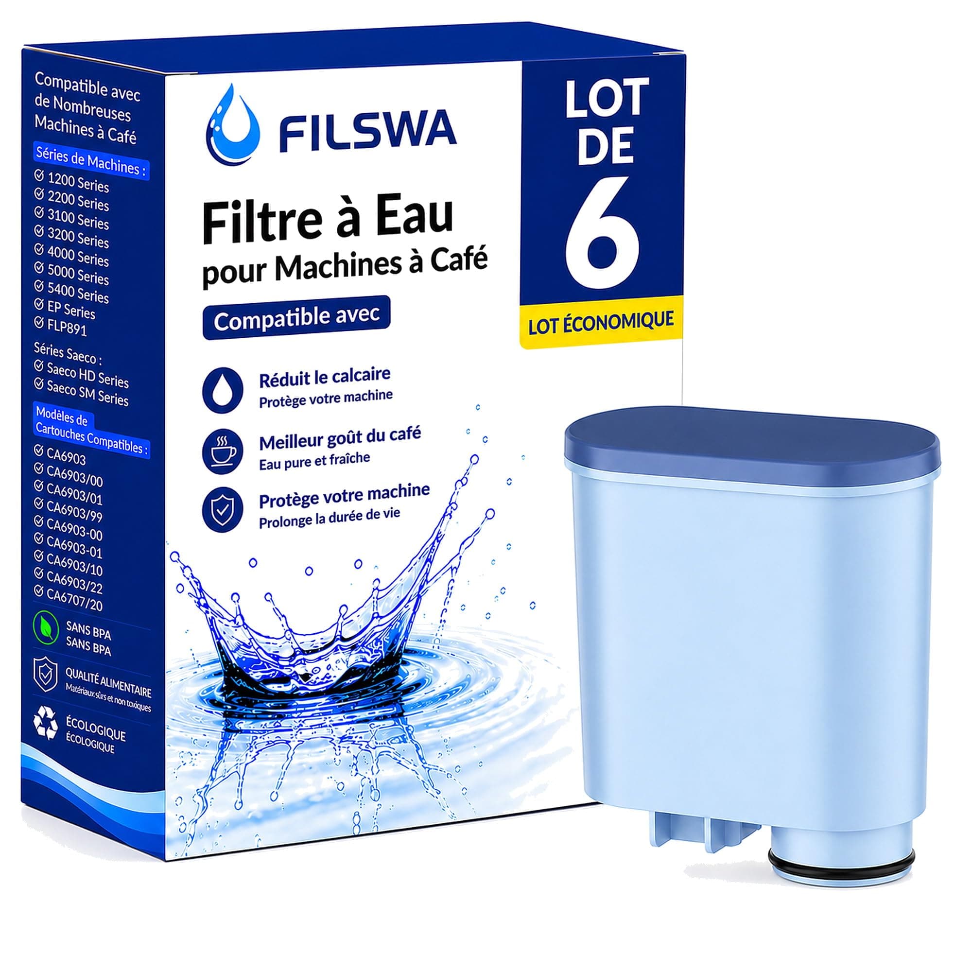Filswa Lot de 6 Filtres à Eau Cartouches Filtrantes Philips CA6903/10 | CA6903/22, CA6707/20, Machines à Café Philips 1200/2200/3200/4300/5400, Saeco, LatteGo, Gaggia